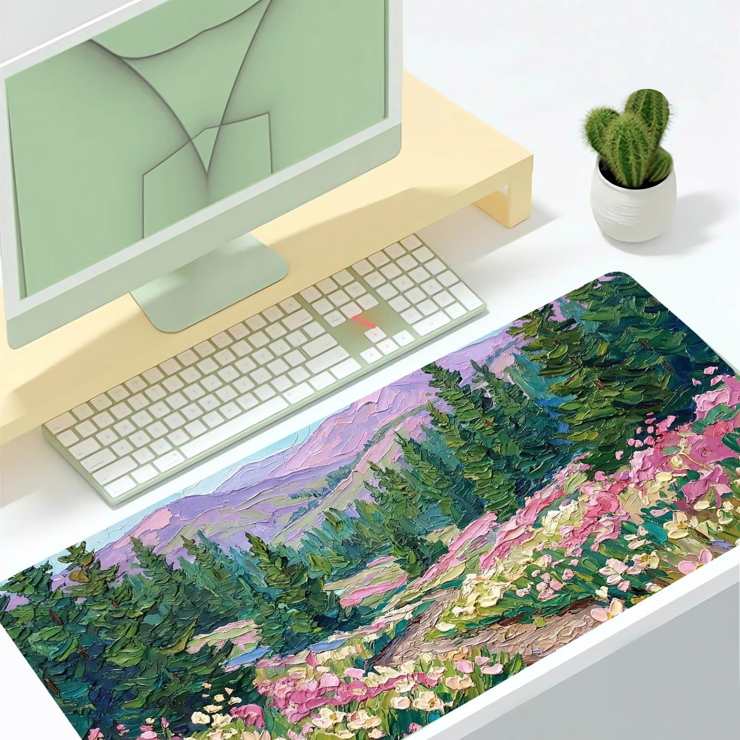 CozyNestCY Oil Painting of Flowers Office Desk Mat 27.6'‘ x 13.8’' Desktop Mat PU Leather Large Mouse Pad Green Mousepad Non-Slip Table Mat for Girls, Women, Home, Work, Computer, and Gaming