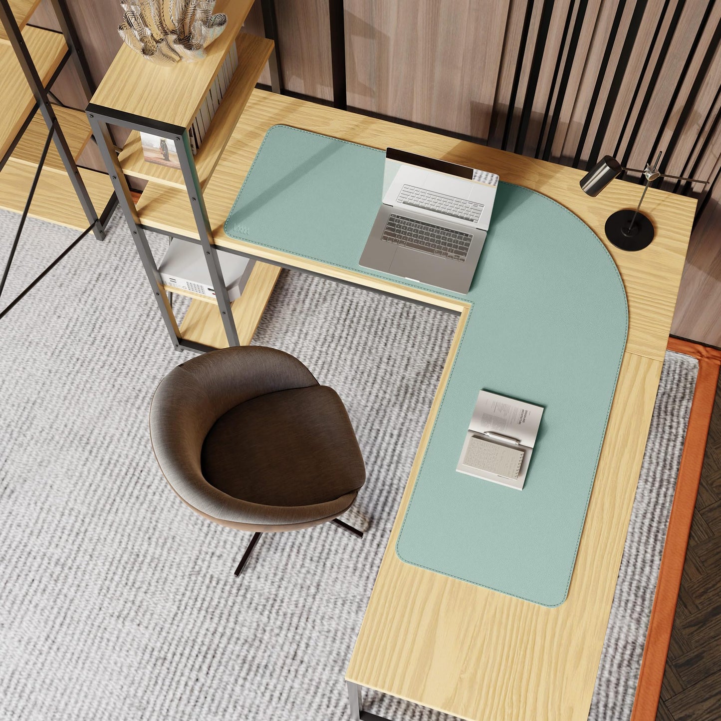 Vyaaa L-Shaped Leather Desk Pad, Two Tone Gaming Mouse Pad for Corner Desk Mat, Office and Home, 43 x 43 x 15.7 Inch, Pink and Green