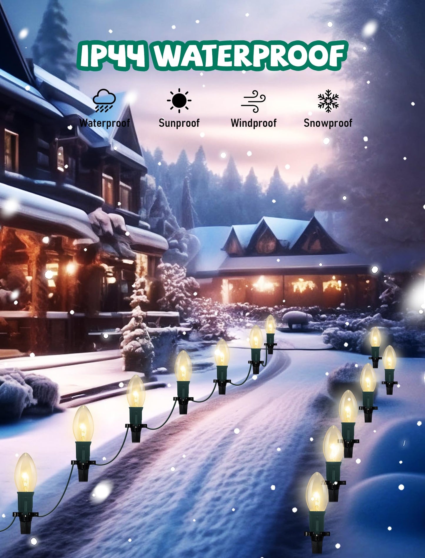 C9 Christmas Pathway Lights, 38 Feet Outdoor String Lights with 25 Bulbs and Marker Stakes, Waterproof Connectable Christmas Walkway Markers Light for Outside Driveway Yard Porch Garden Patio