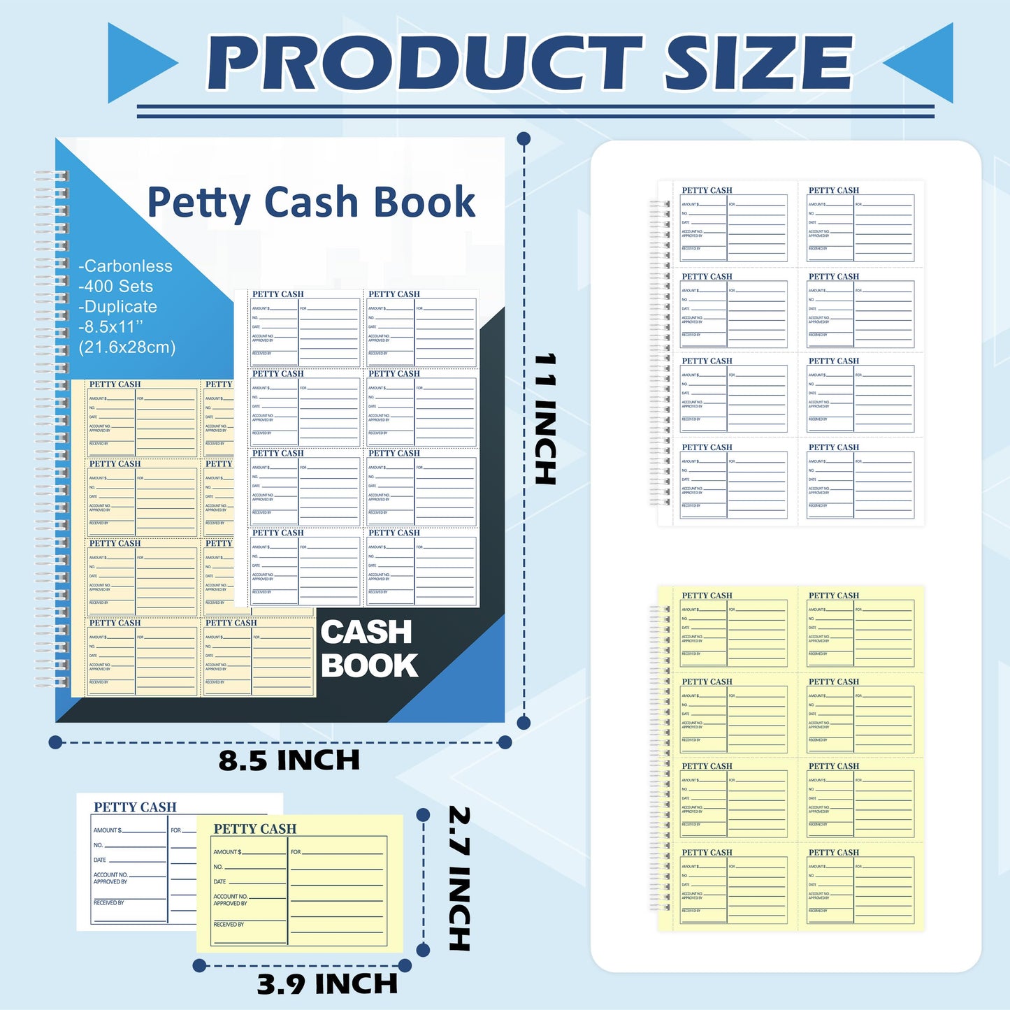 400 Sets Petty Cash Log Book 8.5 x 11 Inch 2 Part Conbonless Copy Petty Cash Receipt Book Cash Receipt Book Deposit Slips Carbonless Duplicate for Office Business Store Accounting (1)