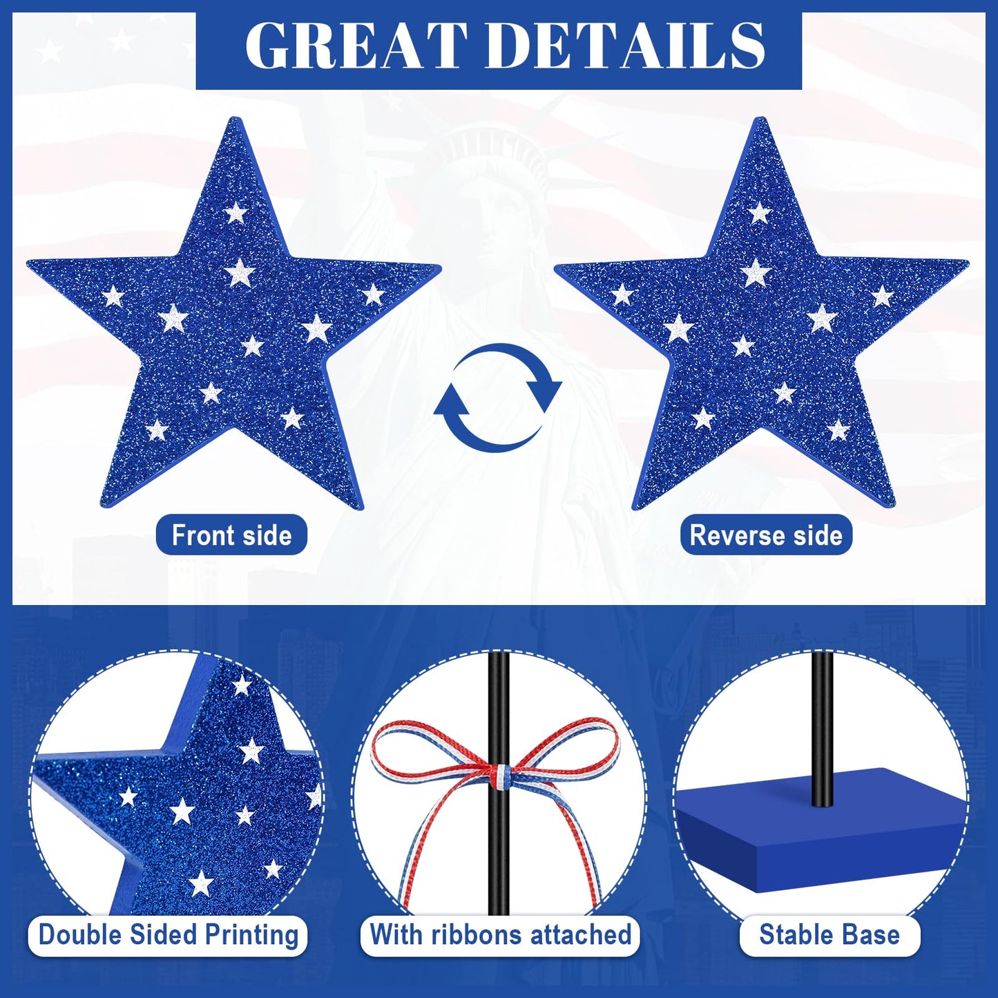4th of July Tiered Tray Decor Wooden Shiny Star Set, 4 Pcs 250th Anniversary Centerpieces for Tables, Patriotic Tabletop Home Decor, Red White and Blue Decorations for Independence Day Party