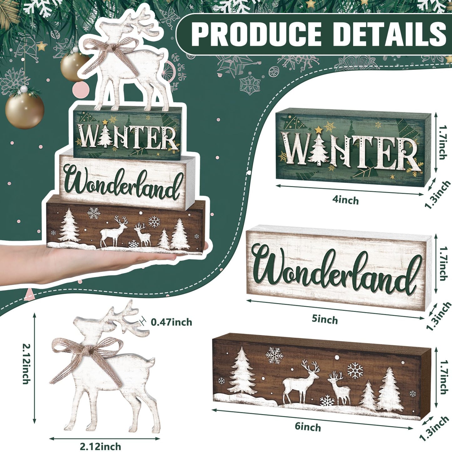 Yousoontic 4 Pcs Winter Decor Woodland Christmas Wooden Sign Blocks Table Centerpiece with Reindeer Snowflakes Trees Rustic Holiday Decorations for Farmhouse Winter Home Indoor