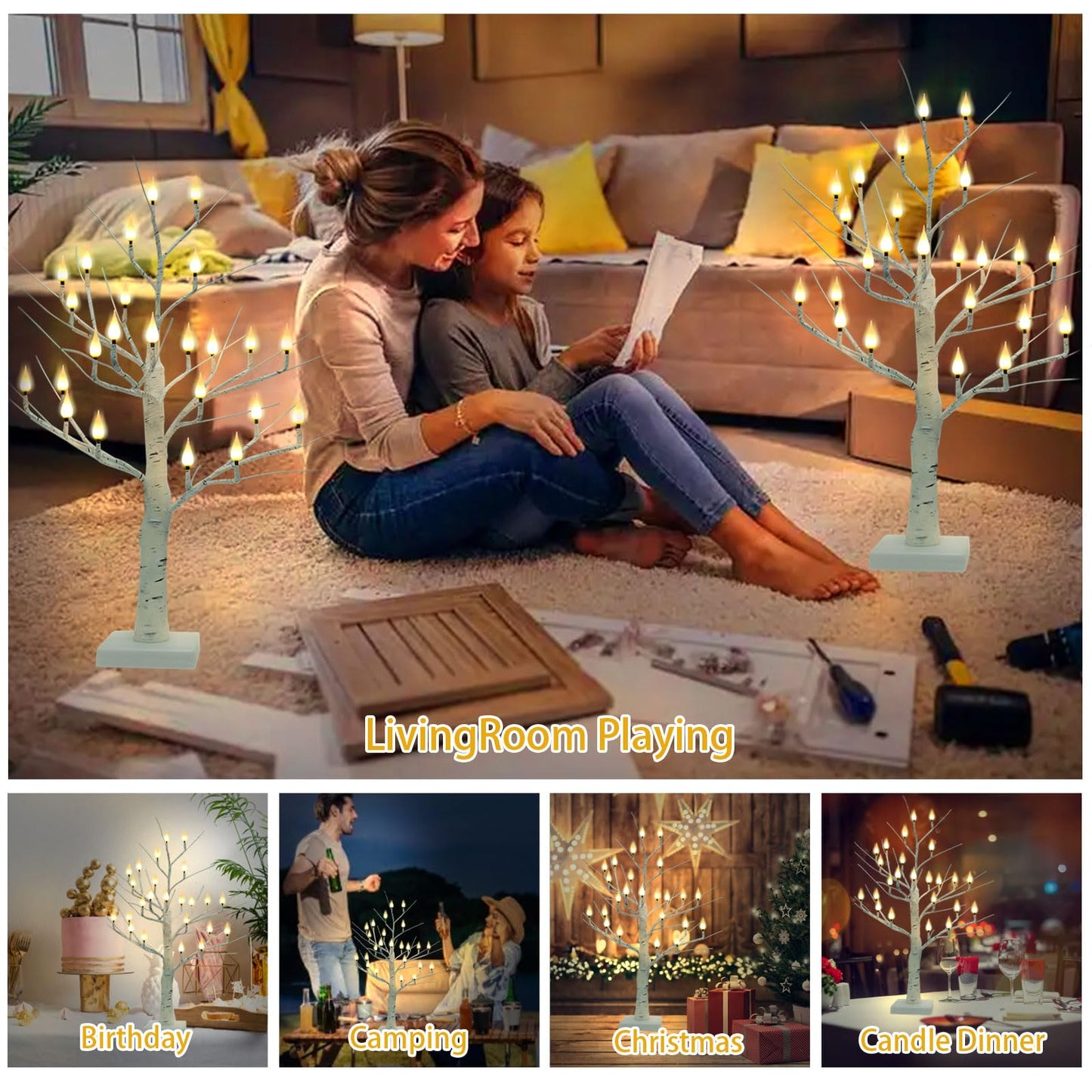 Evicyego 2Ft Candle Light Trees for Decoration Indoor, Twinkle Tree with 24LED Flameless Candles Lights, USB/Battery Operated Birch Tree Candles for Home Tabletop Mantel Christmas Birthday Party Decor