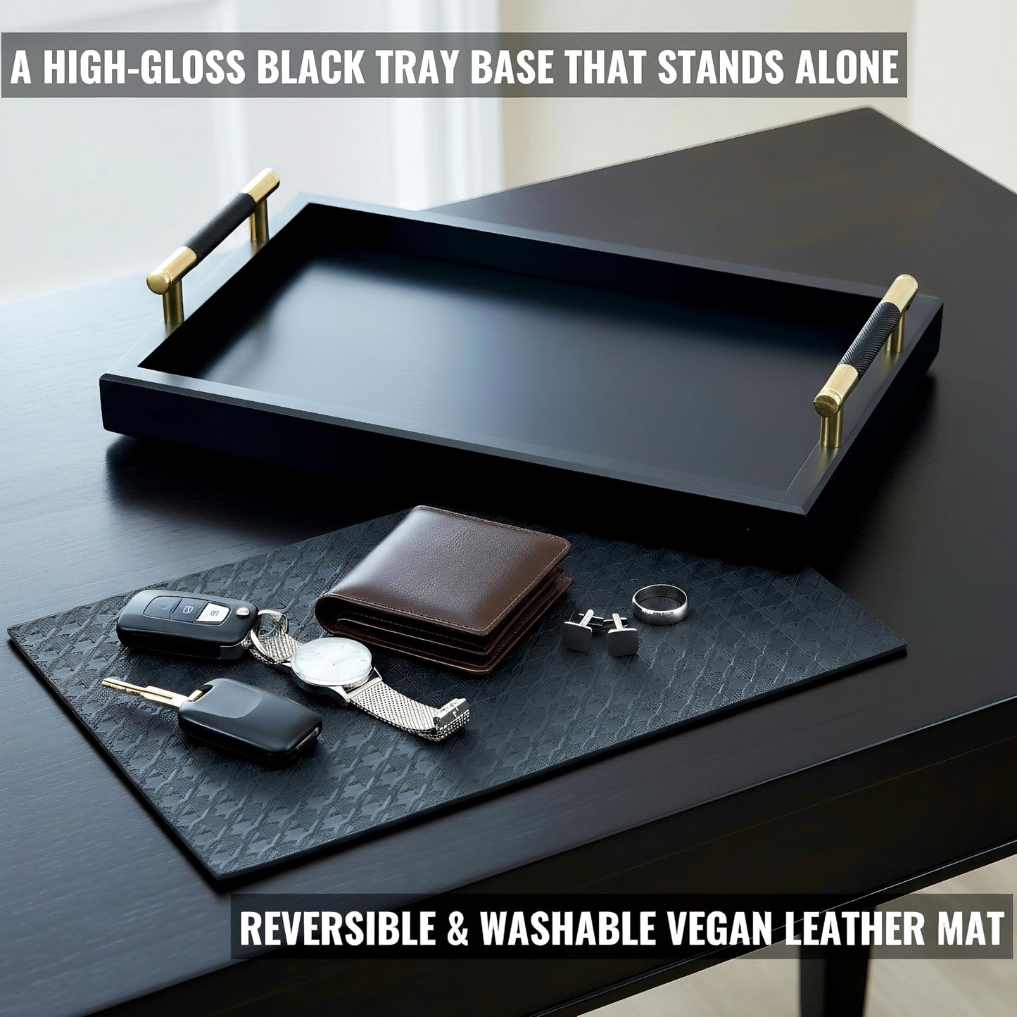 Bamboo Vanity Tray for Dresser -13.4"x8.7" Cologne Tray with Handles, Black Gold Trinket Tray for Perfume, Jewelry, Watch, Key - Bathroom Tray with Leather Mat for Countertop, Living Room, Bedroom