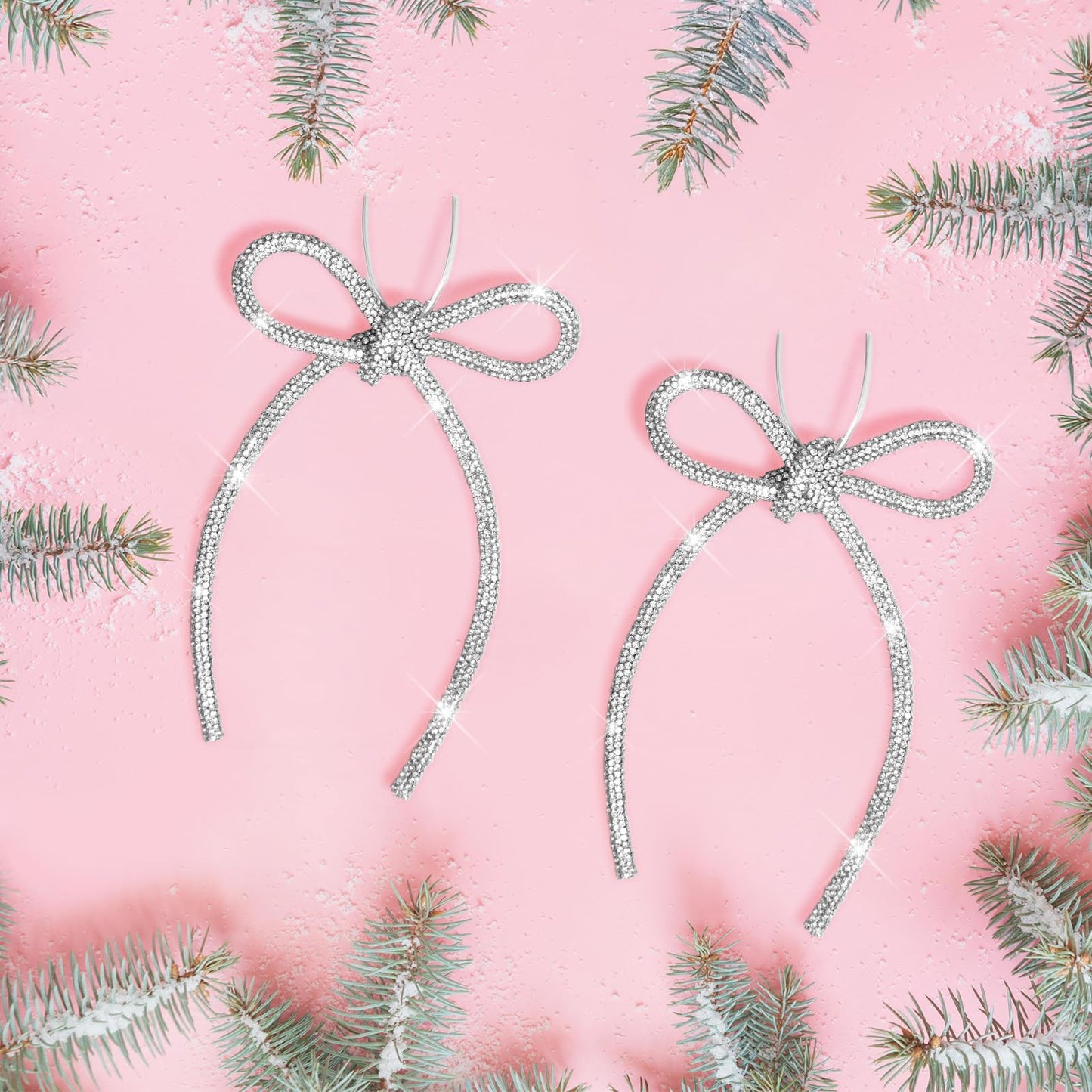 6 Pcs 4.3" x 6" 2026 Christmas Bows for Tree Decor, Silver Sparkly Glitter Rhinestone Bow Ornaments with Twist Tie for Xmas Decoration, Wreath, Garland, Gift Wrapping