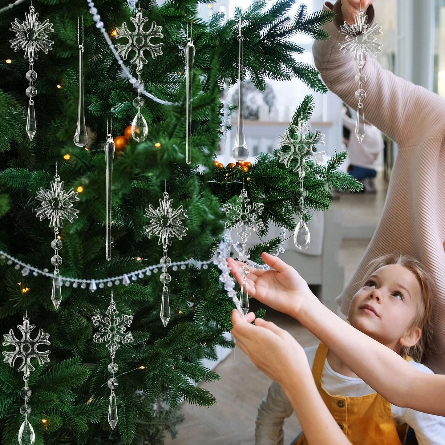 Gemscream 18 Pcs Winter Snowflake Glass Ornaments for Tree Clear Hanging Snowflake Icicles with Drop Pendants Glass Teardrop Decorations Crystals Decor for Holiday Chandelier Party Supplies