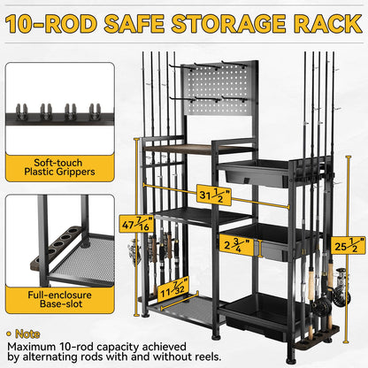 SOYEEZE Fishing Rod Holders for Garage, 3 Storage Boxes for Reels & Fishing Accessories, 10 Rod Capacity Fishing Pole Holder with Pegboard, and 3-Tier Shelf for Tackle Box, Fishing Gear Organizer
