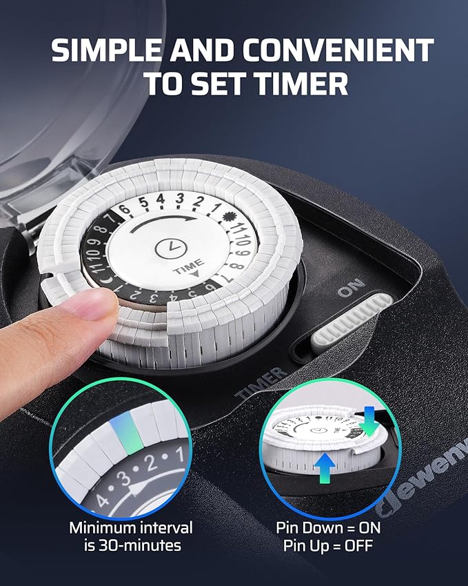 DEWENWILS 1 Pack Mechanical Light Timer for Outdoor Lighting, 24-Hour Plug in Timers, Heavy Duty Programmable Timer Switch with 2 Grounded Outlets for Holiday String Lights, 15A 1/2HP UL Listed