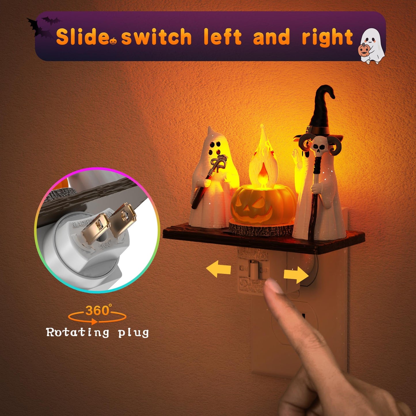 Halloween Night Light, Amber Night Lights Plug into Wall,Cute & Funny Flaming Jumping Night Light,Ghost & Pumpkin Plug in Nightlight with 360° Rotatable for Kids Halloween Party Decor,1 Pack
