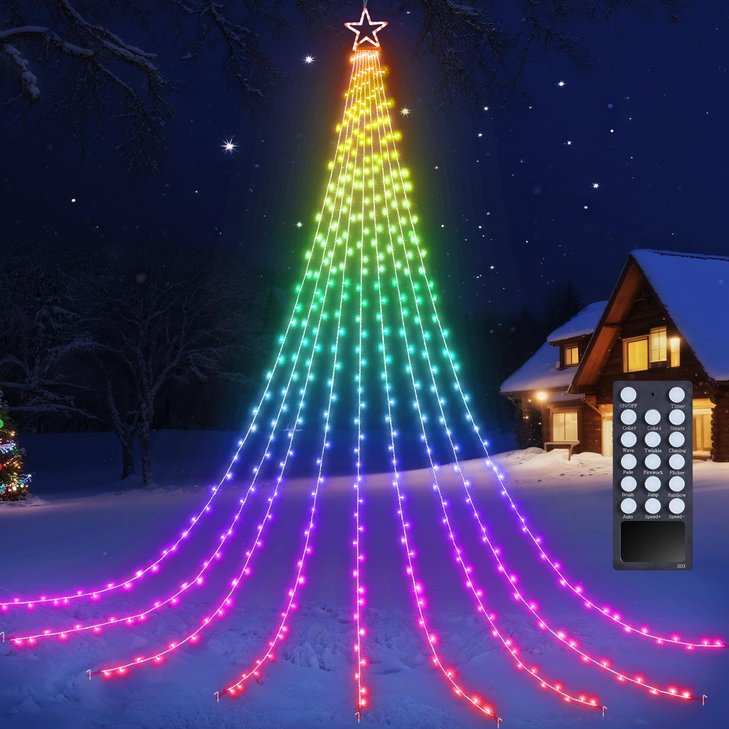 Flacchi Christmas Lights Outdoor with ‎Remote -16.4Ft Waterfall Tree Decoration Lights RGB Star String Lights for Tree Yard Exterior Wall Housetop Window Holiday Decor (RGB, 16.4FT)