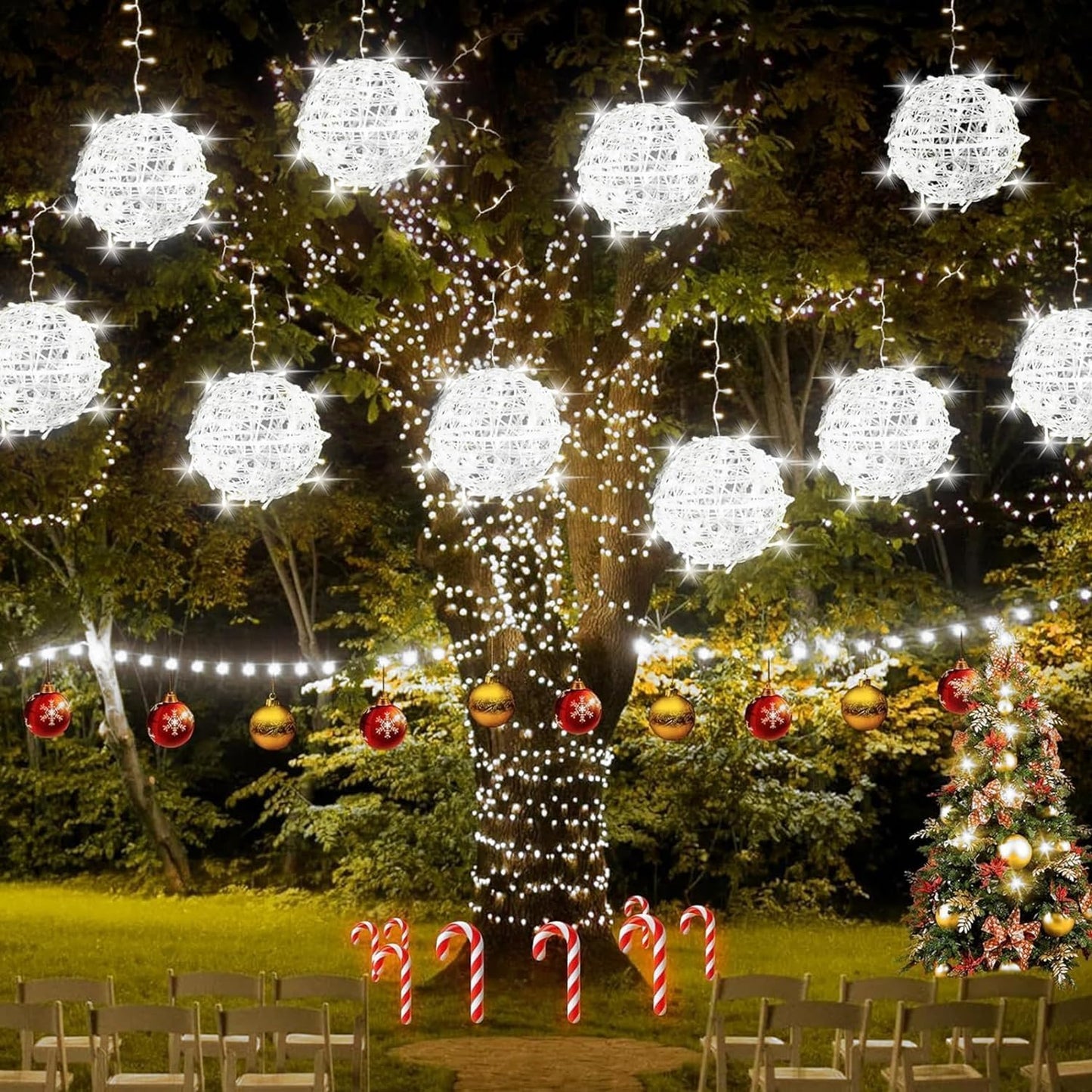 Baung Christmas String Lights Outdoors,4 Pack 7.98" Sphere Ball Tree Garden Globe Lights for Home, Party, Christmas, Porch Patio,Wedding, Garden,Tree Decoration with Memory Function Plug