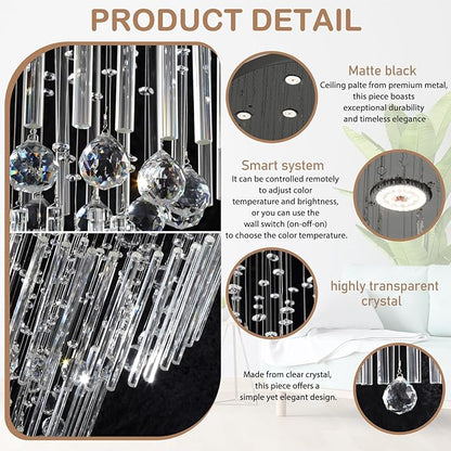 Flashing God D48''X H120'' Extra Large Chandeliers for High Ceilings Black Square Chandeliers Crystal Raindrop Chandelier for Villa Entrance Foyer LED Dimmable 2700K-6000K