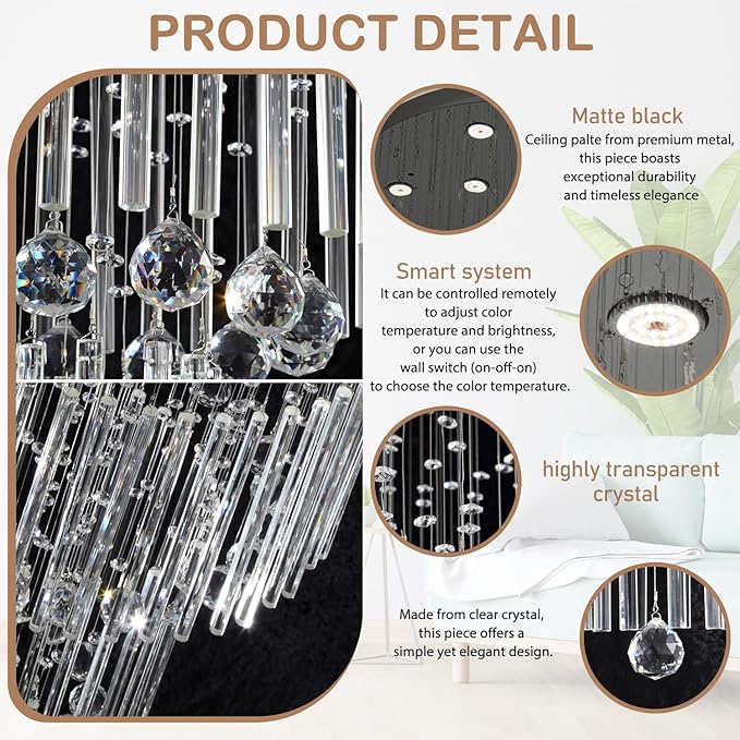 Flashing God D59''X H120'' Extra Large Chandeliers for High Ceilings Black Square Chandeliers Crystal Raindrop Chandelier for Villa Entrance Foyer LED Dimmable 2700K-6000K