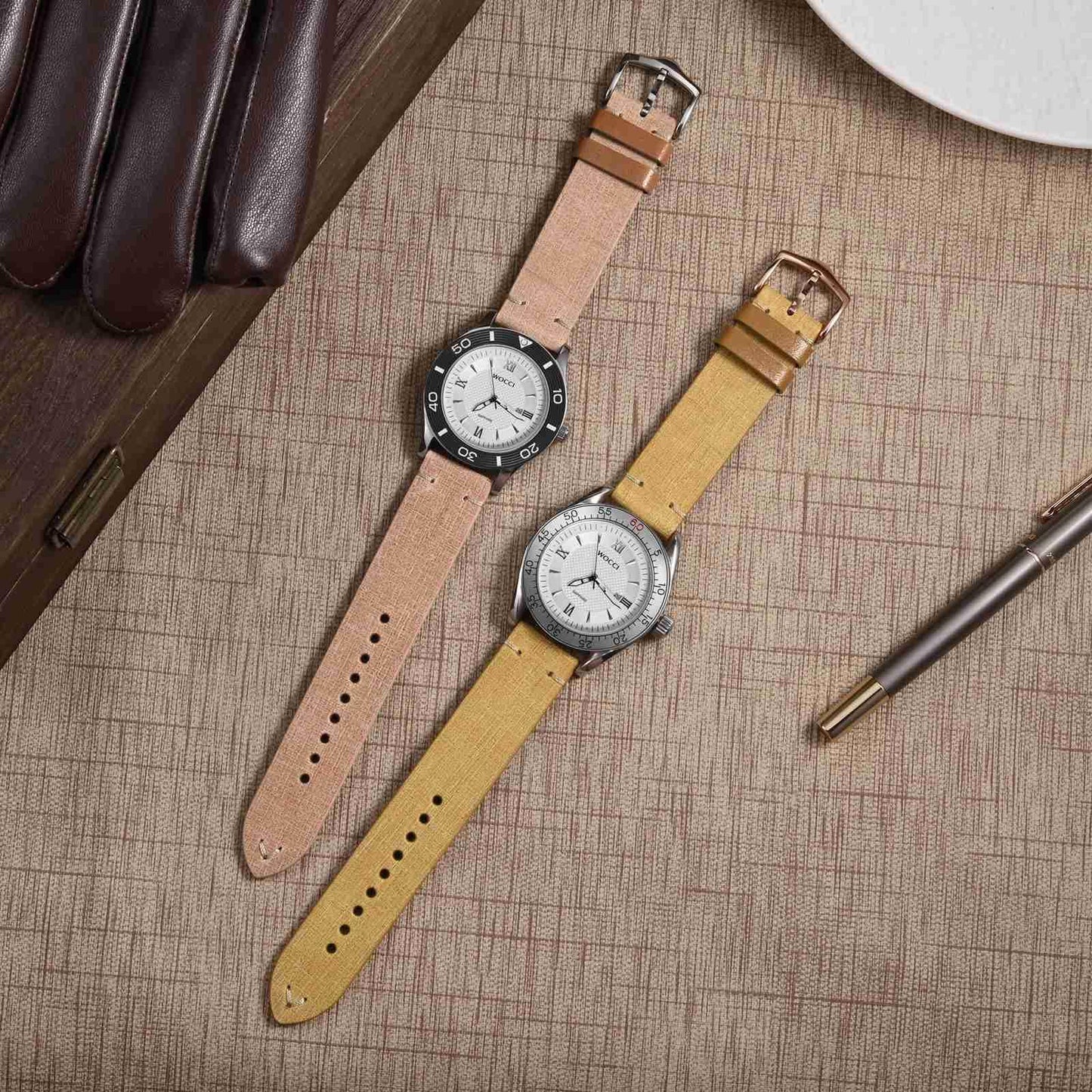 WOCCI 18mm Leather Watch Band, Full Grain Calfskin (Beige)