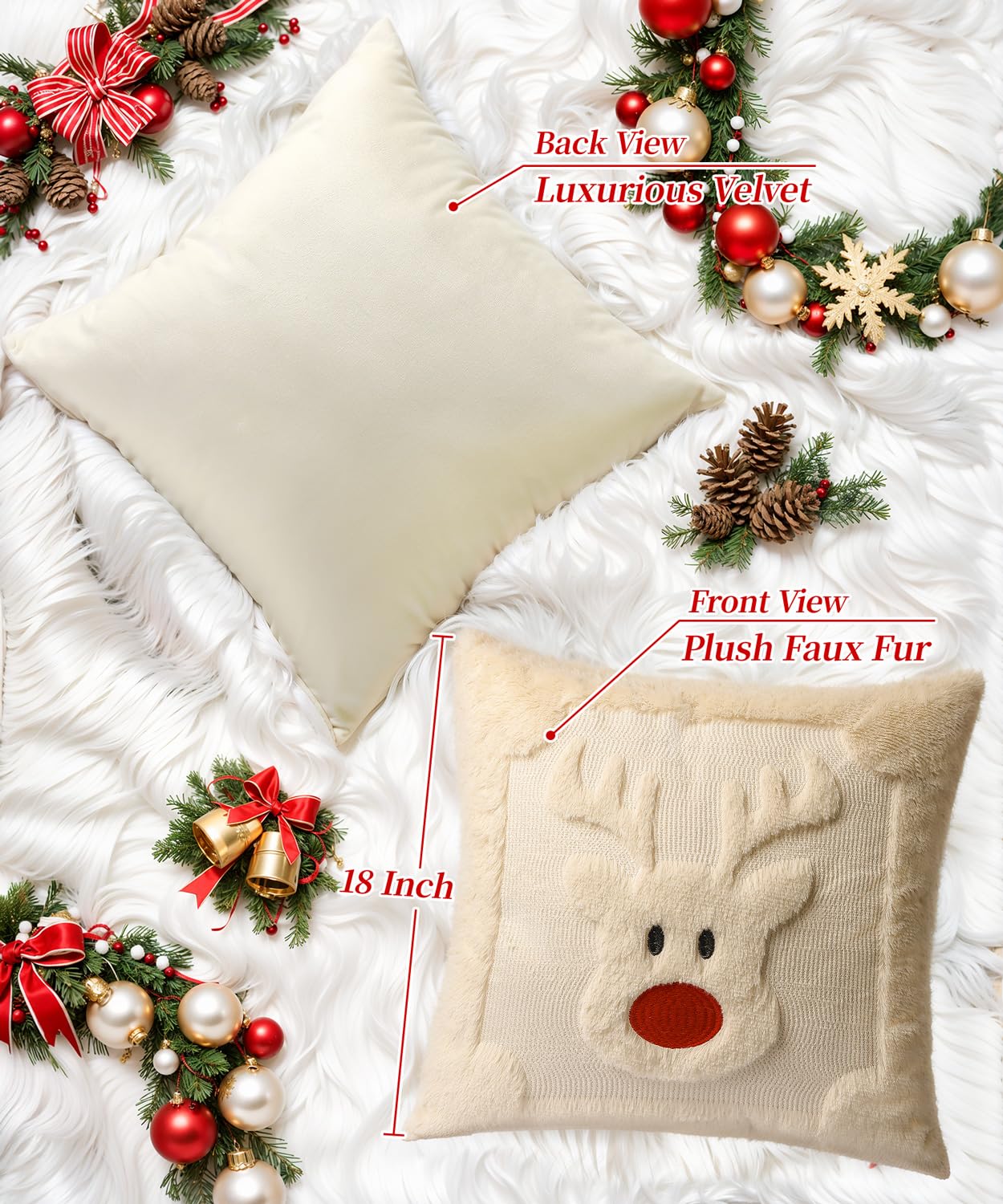 SEGXCFL Christmas Pillow Covers Set of 2 Soft Plush Faux Fur Pillow Cases 3D Embroidered Decorative Couch Cover Home Decor Christmas Throw Pillow Covers 18x18,Beige Reindeer