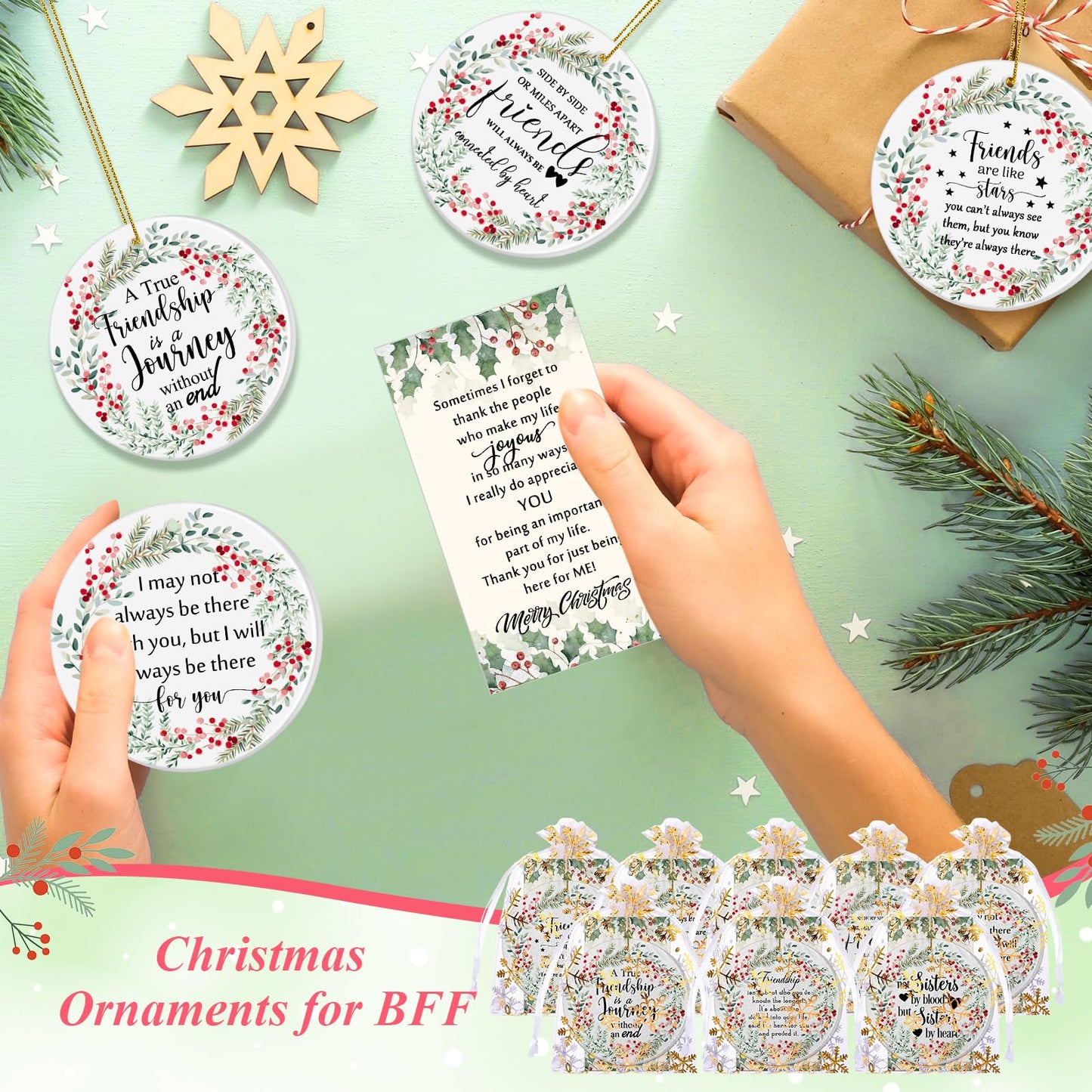 Suzile 16 Pcs Friendship Christmas Ornaments Ceramic Round Friends Ornaments Long Distance Sister Christmas Ornament Gift with Greeting Cards Organza Gift Bag for Christmas Tree (Berry)