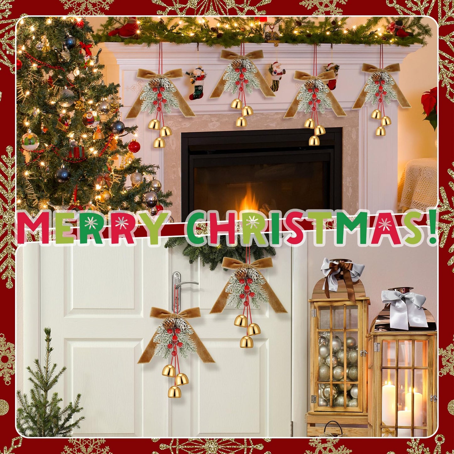 2 Pcs Christmas Jingle Bell with Neutral Velvet Ribbon Bows and Pine Cone Hanging Ornament Christmas Door Knob Hangers Tree Topper Wall Wreath Decoration for Cabinet Door Handle Knob Party Decor