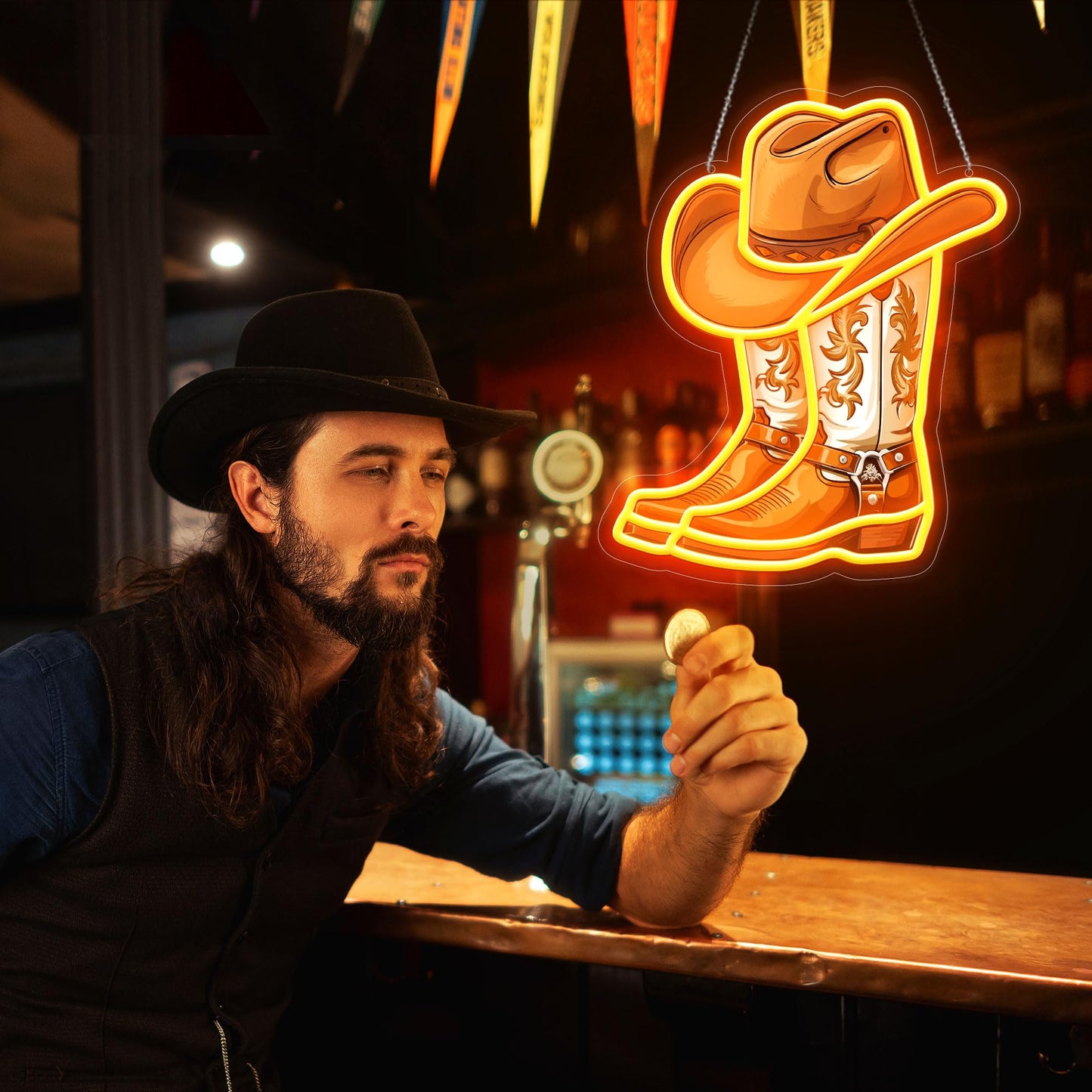 ZLOOREE Cowboy Boot with Hat Neon Signs for Wall Decor, Western Cowboy LED Sign Light Up, Dimmable Neon Light for Game Room Man Cave Bedroom Bar Party Birthday Gifts