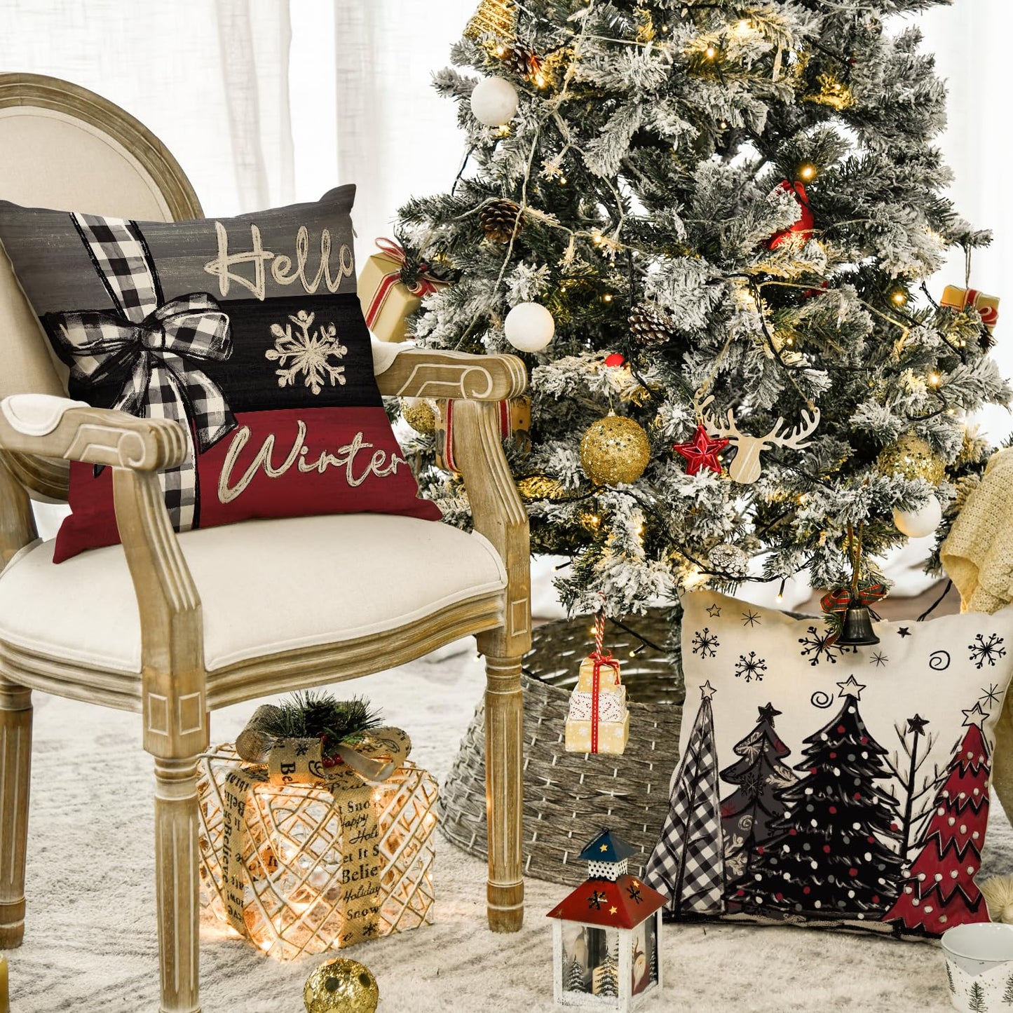 Merry Christmas Joy Xmas Trees Red Throw Pillow Covers, 16x16 Inch Christmas Winter Holiday Cushion Case Decoration for Sofa Couch Set of 4