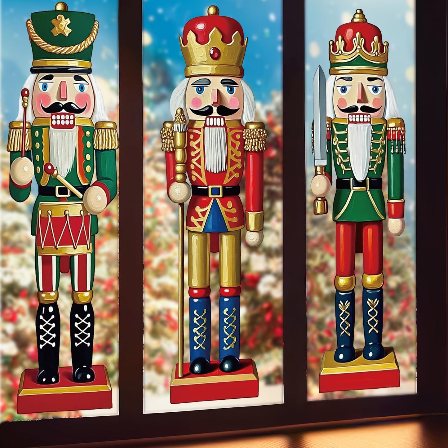 JarThenaAMCS 3 Sheets Christmas Window Clings Xmas Nutcracker Soldiers Extra Large Reusable Window Decals for Winter Holiday Home School Office Glass Decor