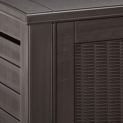 Rubbermaid Decorative Outdoor Storage Cabinet (123 Gal) Weather Resistant Dark Brown Organization for Home/Backyard/Pool Chemicals/Toys/Garden Tools/Porch/Patio Cushions