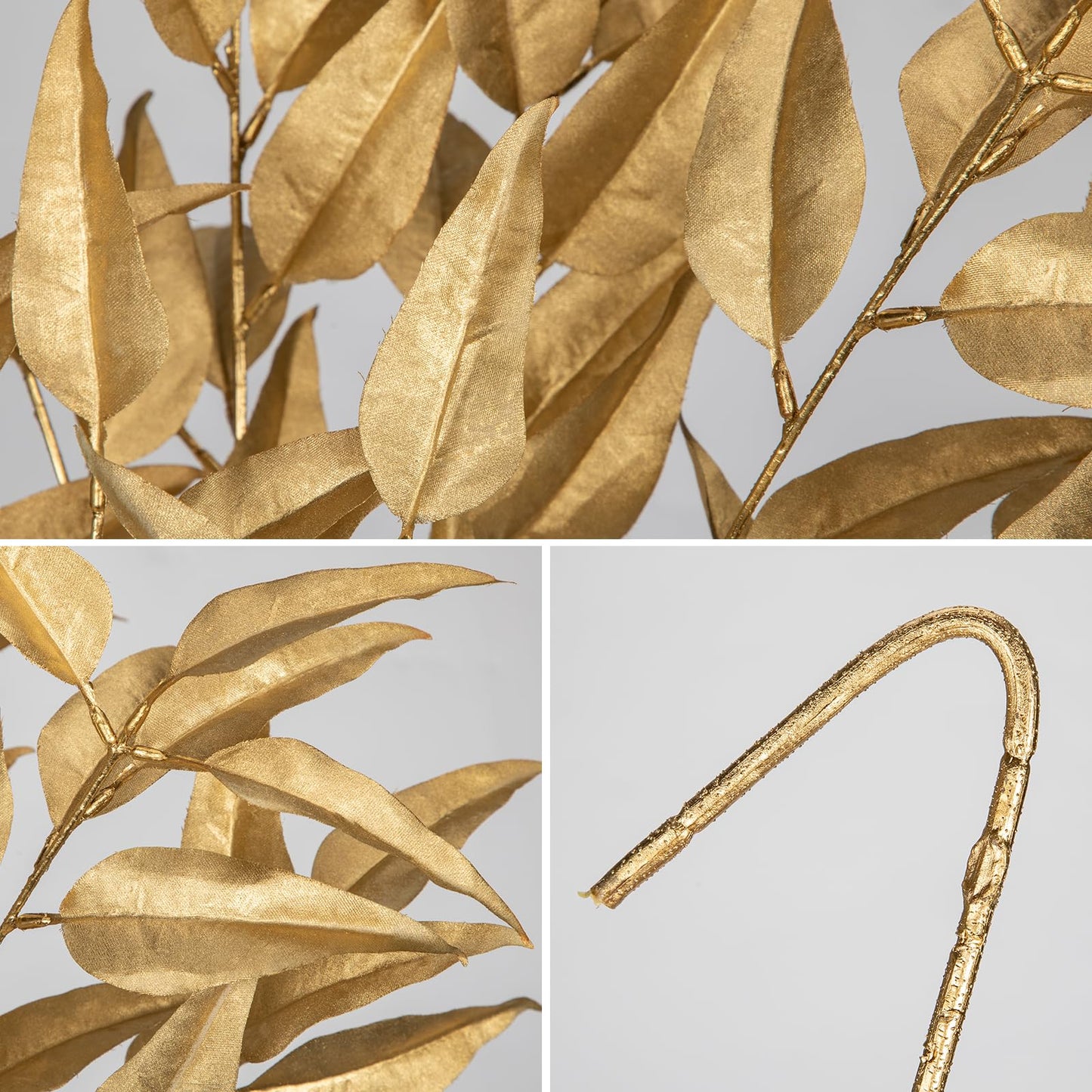 Hollyone 32” Christmas Tree Picks and Sprays 3Pcs Gold Artificial Eucalyptus Stems Eucalyptus Leaves Branches Fake Gold Leaf Floral for Vase DIY Xmas Tree Garland Wreath Centerpieces Wedding Decor
