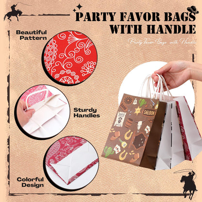 Marspark 24 Pcs Western Cowboy Party Favor Gift Bags Rustic Hat Boots Paisley Goodies Treat Paper Totes with Handle for Birthday Christmas Party, 4 Styles