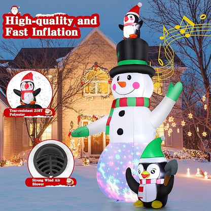 GOOSH 7 FT Christmas Inflatables Snowman and Penguin with Built-in Music & 360° Rotation Colorful Projector LED Light, Blow Up Snowman Outdoor Christmas Decoration for Holiday Party Xmas New Year