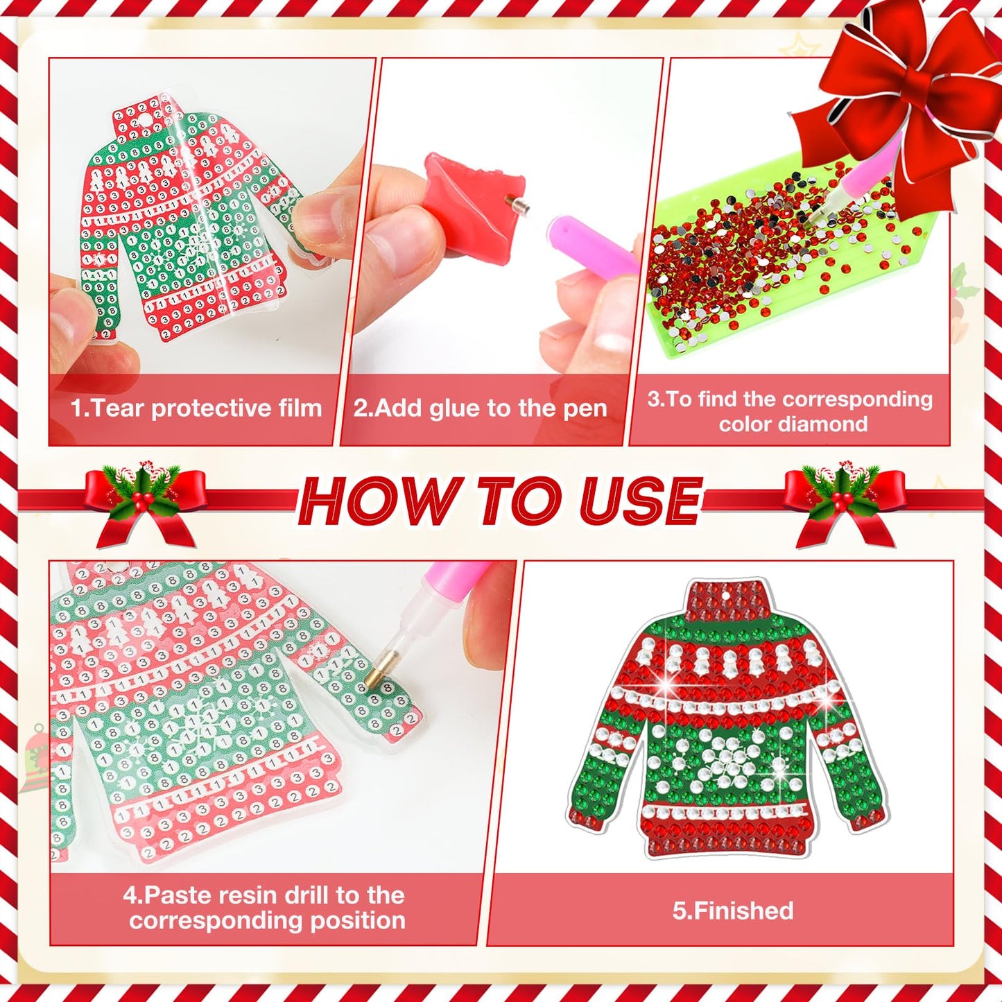 Estune 15 Pcs Christmas Diamond Painting Keychain Kits Christmas in July Party Sweater Theme 5d DIY Diamond Art Kits for Adults Xmas DIY Crafts Hanging Ornaments Home Decor