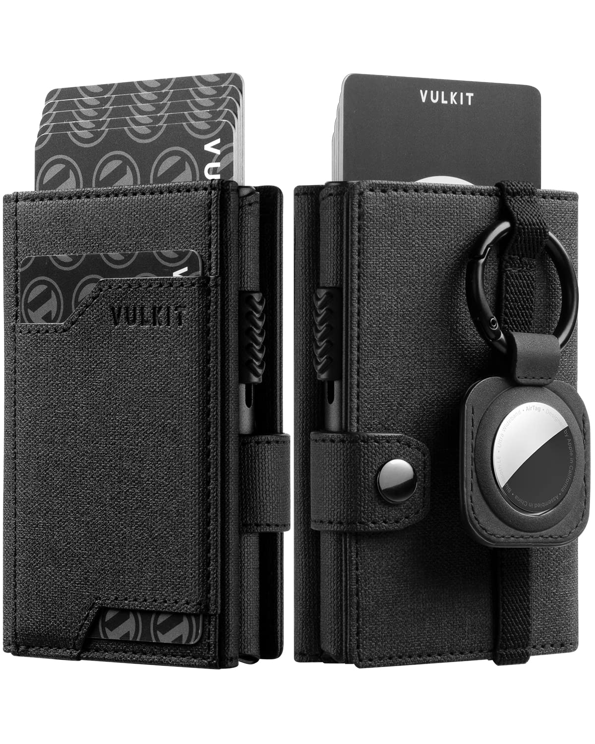 VULKIT Airtag Wallet with Keyring Mens Pop up Credit Card Wallet with Air Tag Holder Trifold ID Window RFID Blocking（Black）
