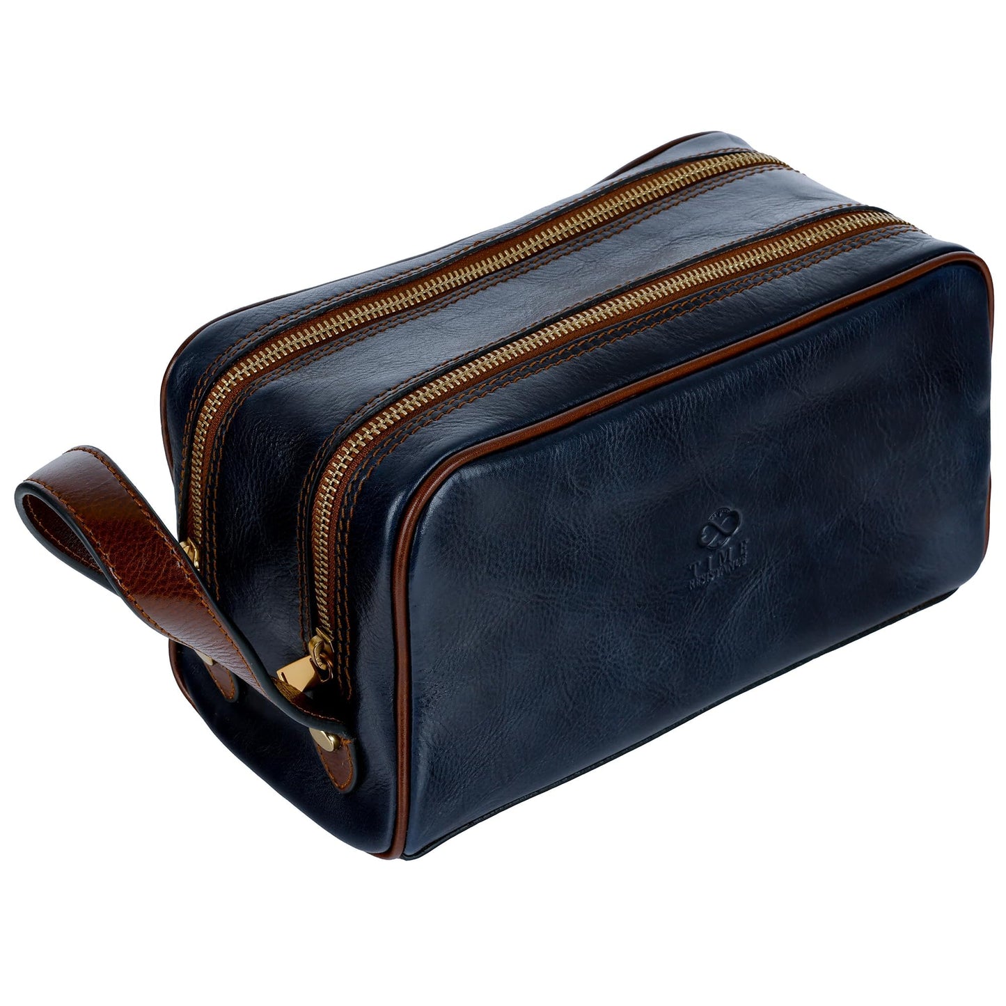 Time Resistance Leather Cosmetic Bag - Italian Toiletry Dopp Kit (Blue)