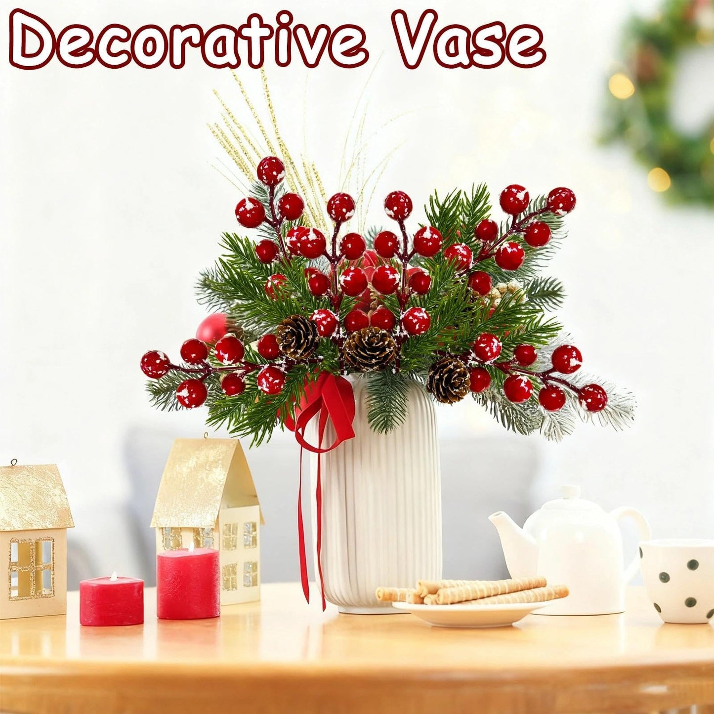 Tebiefat 20 Pcs Artificial Pine Cone Snowflake Red Berry Picks Stems, 7.1" Fake Frosted Holly Berries Needles Branches with Pinecones Christmas Sprays Floral Leaves Xmas Tree DIY Holiday Party Decor