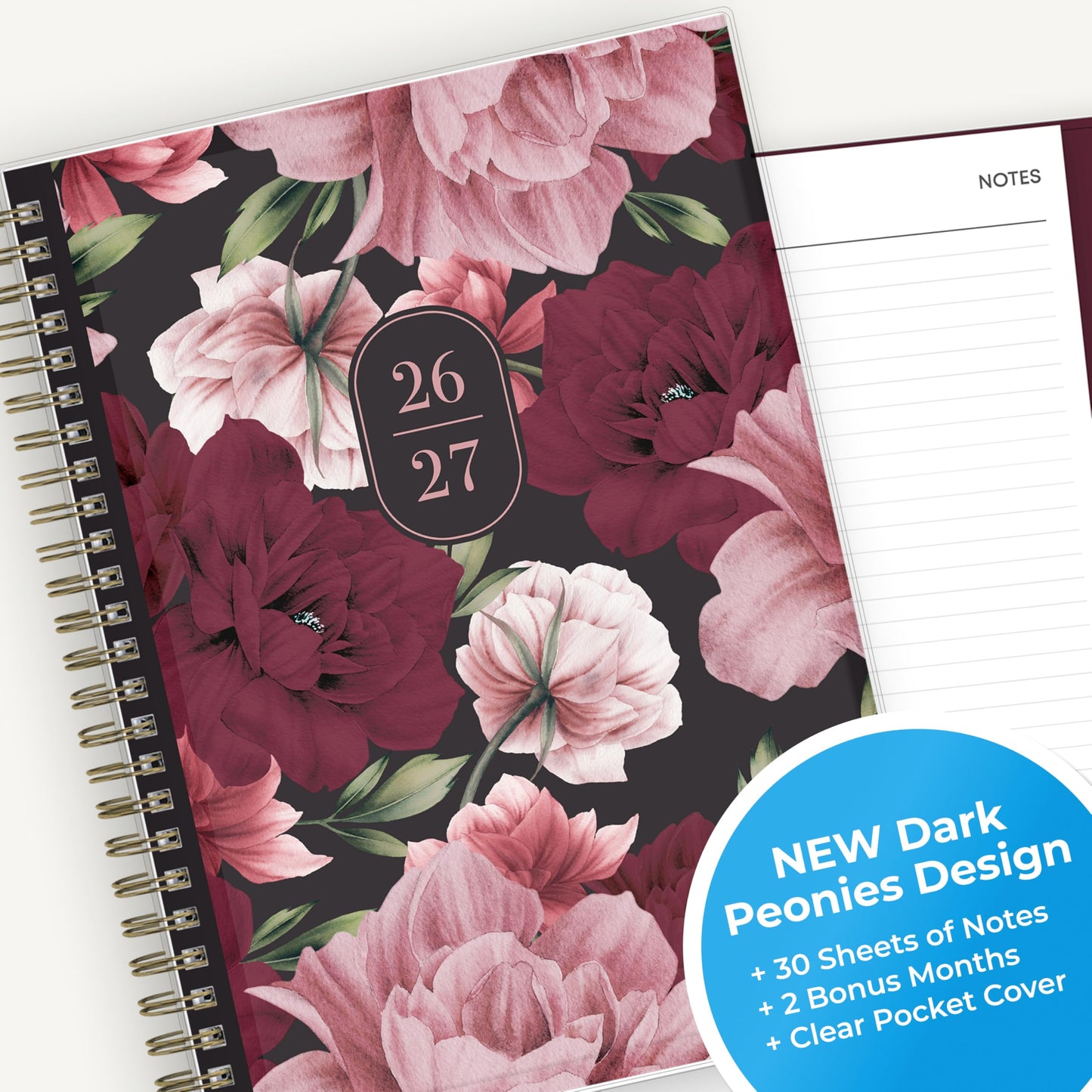 Blue Sky 2026-2027 Weekly and Monthly Academic Year Planner Calendar, July 2026 - June 2027, 5.875" x 8.625", Flexible Pocket Cover, Wirebound, Laminated Tabs, Includes Extra 30 Sheets of Notes, Dark Peonies