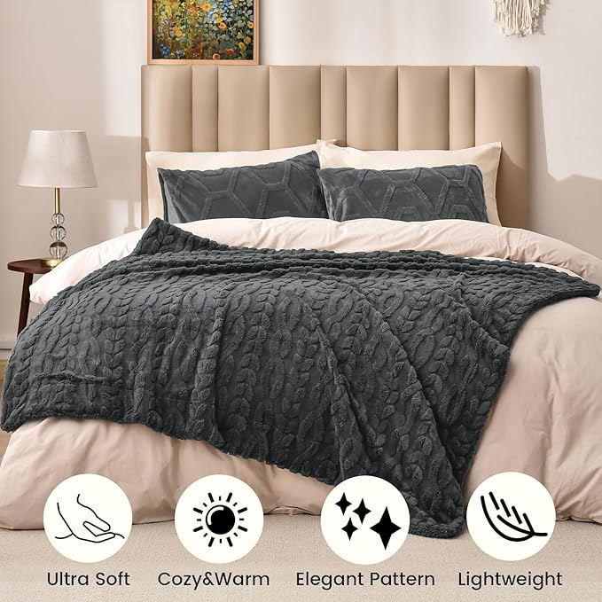 PHF Fluffy Sherpa Blanket King Size for Winter, Warm and Soft, 510GSM 3D Jacquard Thick Shaggy Fleece Plush Blanket for Sofa Bed, Dark Grey, 108"x90"