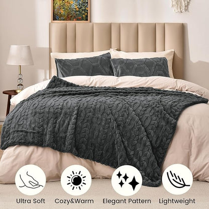 PHF Fluffy Sherpa Blanket King Size for Winter, Warm and Soft, 510GSM 3D Jacquard Thick Shaggy Fleece Plush Blanket for Sofa Bed, Dark Grey, 108"x90"