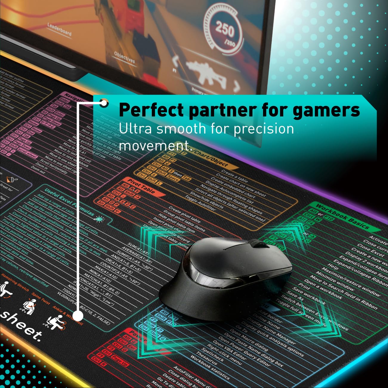 Excel Shortcut Keys LED Mouse Pad - Colorful RGB Luminous Extended Large Cheat Sheet Gaming Mousepad| PC Office Spreadsheet Keyboard Mat| Non-Slip Stitched Edge