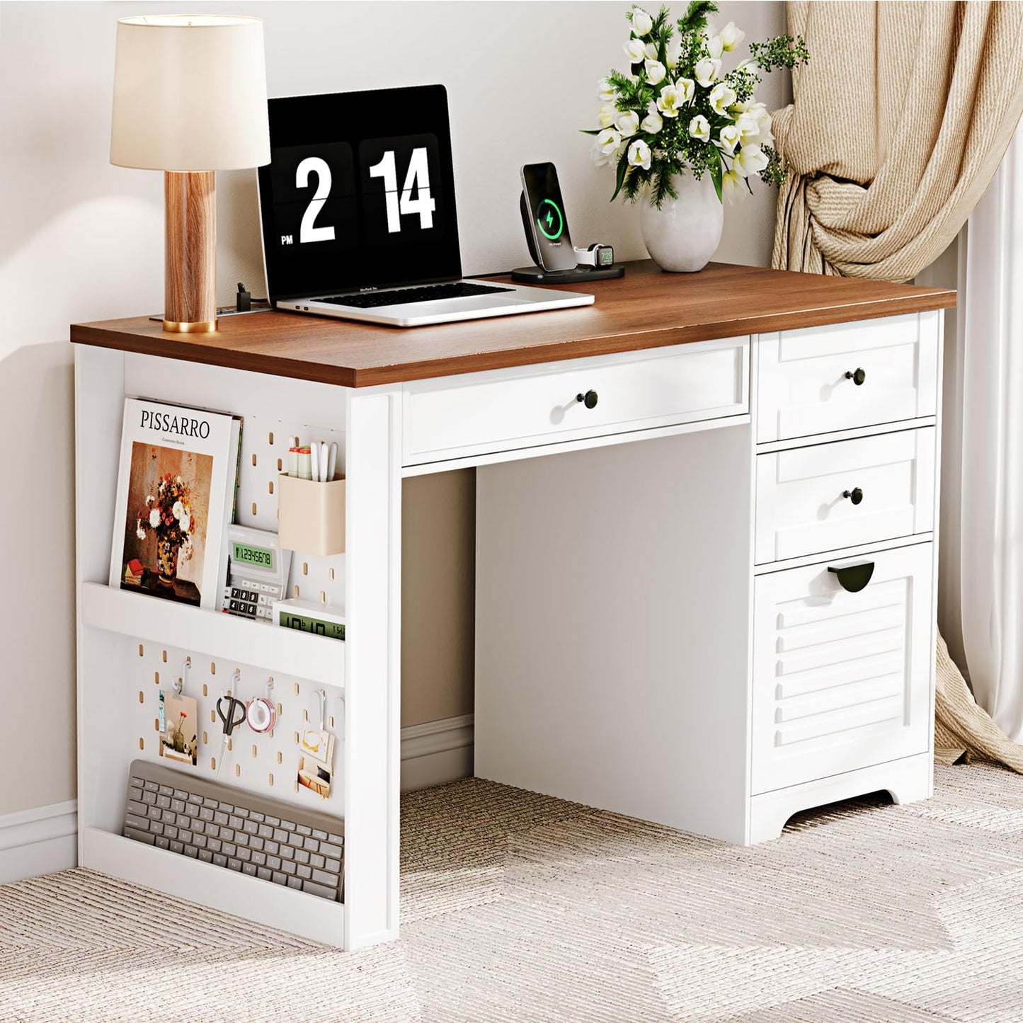 Ieejdn 47" Home Office Desks, Executive Desk, Farmhouse Computer Desk with Drawers and Charging Station, File Drawer, Storage Cabinet, Rustic Computer Writing Desk,Antique White