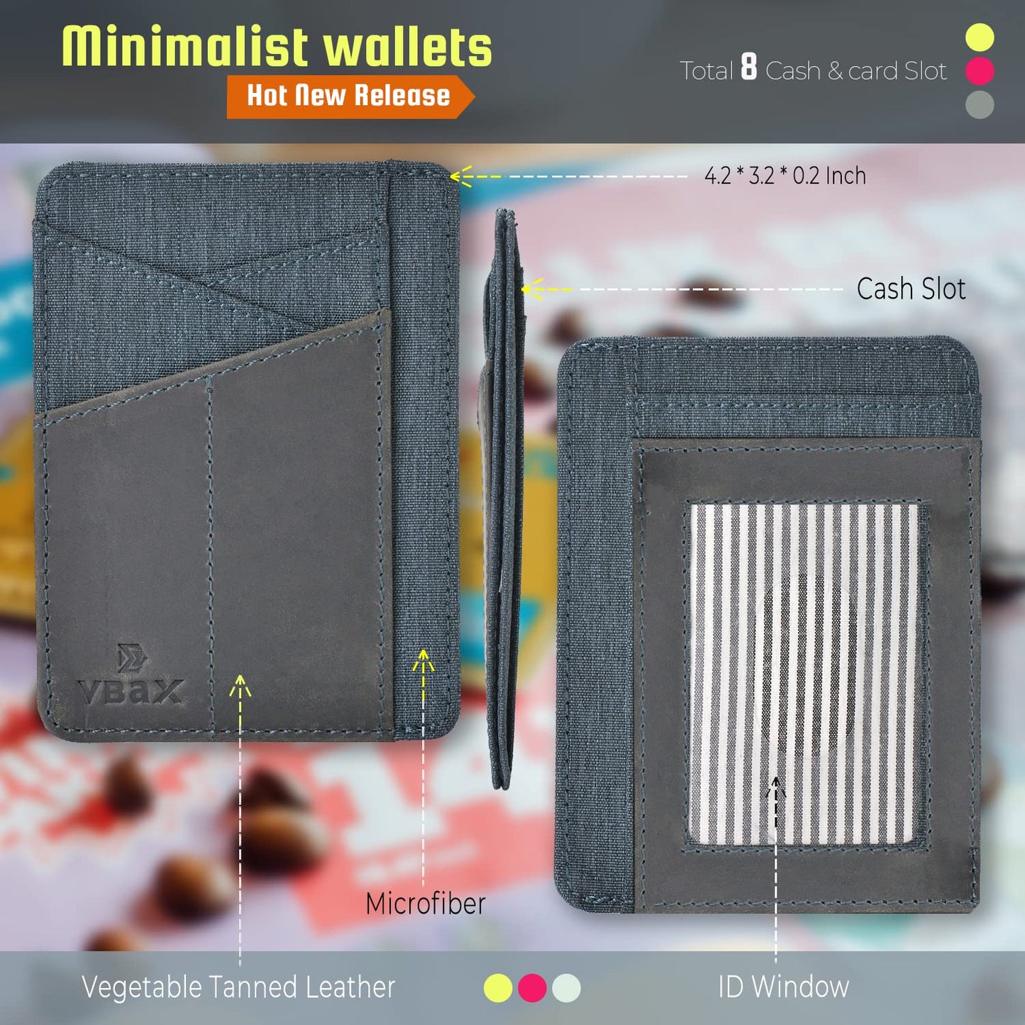 VBAX RFID Slim Wallet for Men Women, 8 Card Slot Leather Minimalist Front Pocket Credit Card Holders, Grey Canvas