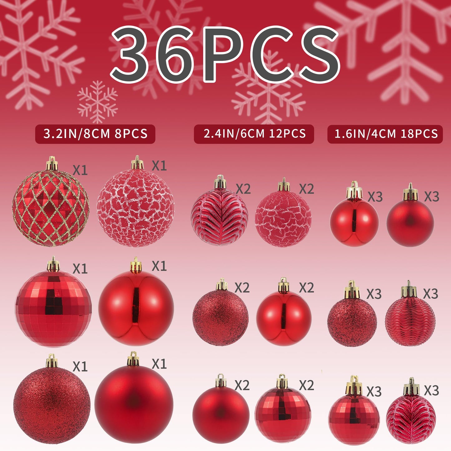 LANGXUN 36pcs Red Christmas Tree Decorations Balls, Bolas De Navidad, 2025 Christmas Decor, Indoor Outdoor Shatterproof Christmas Ornaments, Xmars Party Wedding Suppiles