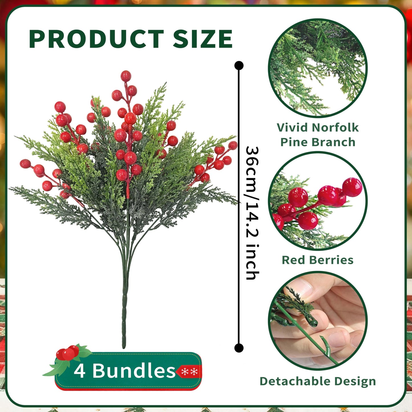 4 Bundles 84 Pcs Christmas Artificial Flowers,Faux Norfolk Pine Branches with Artificial Red Berry Sprigs,Perfect for Christmas Garland and Christmas Table Decorations,Winter Decor,Christmas Picks