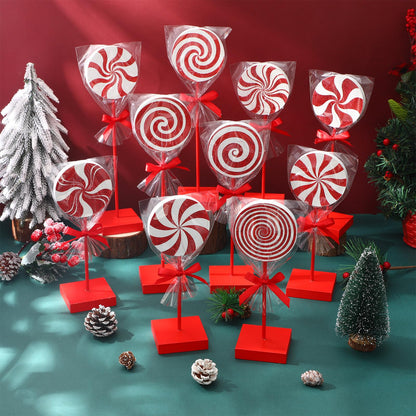 Chunful 10 Pcs Red Christmas Candy Wooden Tabletop Decor Candy Cane Christmas Decorations Table Centerpiece Sign for Xmas Tiered Tray Home Desk Office Party Decoration