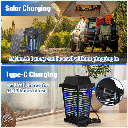 PALONE Solar Bug Zapper 4500V Electric Mosquito Zapper Outdoor, USB-C and Solar Panel Dual Charging Electric Zapper Racket, Fly Trap with UV Light for Flies Gnats Moths
