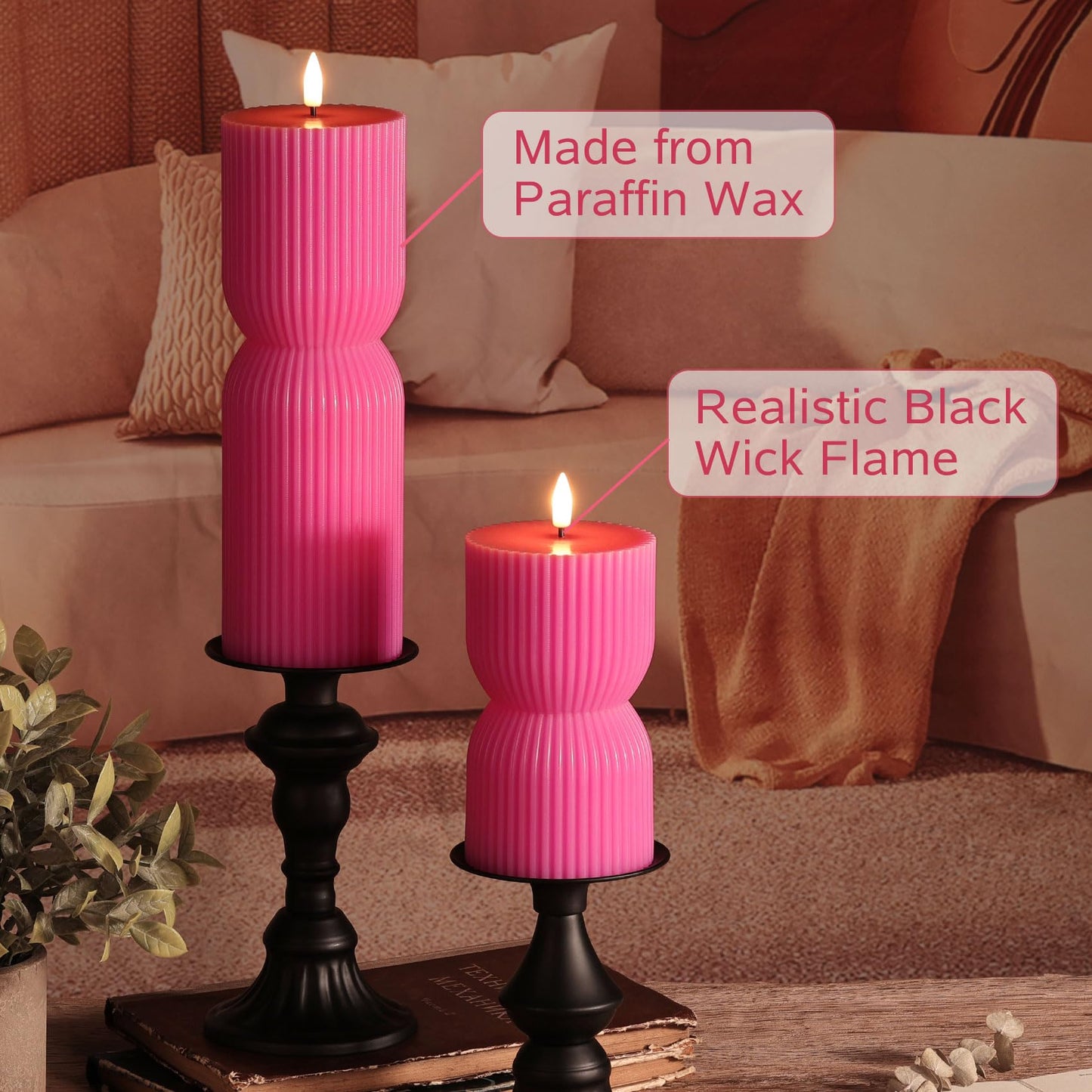 Girimax Hot Pink Ribbed Flameless Pillar Candles with Remote, Real Wax Flickering Battery LED Candles Set of 2