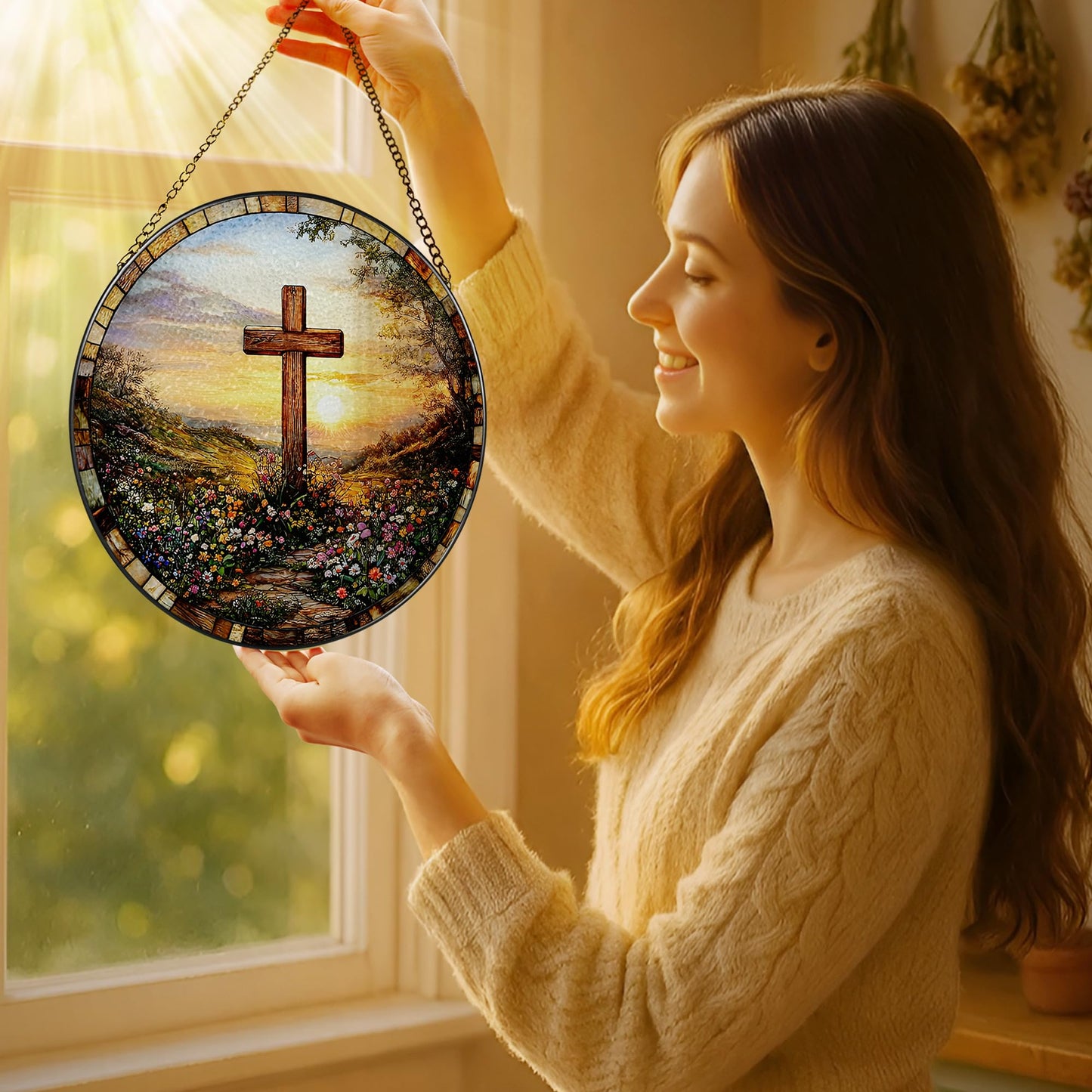 LAOWEIKI 8 Inches Cross Sunset Stained Glass Suncatcher, Christmas Ornament, Window Hanging Decor, Christian Home Decor, Christian Gift, Religious Gift, Gifts for Christmas