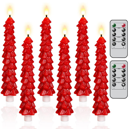 KunSwenn Christmas Tree Candles, Red Christmas Taper Candles, Set of 6 Real Wax LED Flameless Taper Candle, 9.8 Inch LED Tree Candlesticks for Xmas Home Decor
