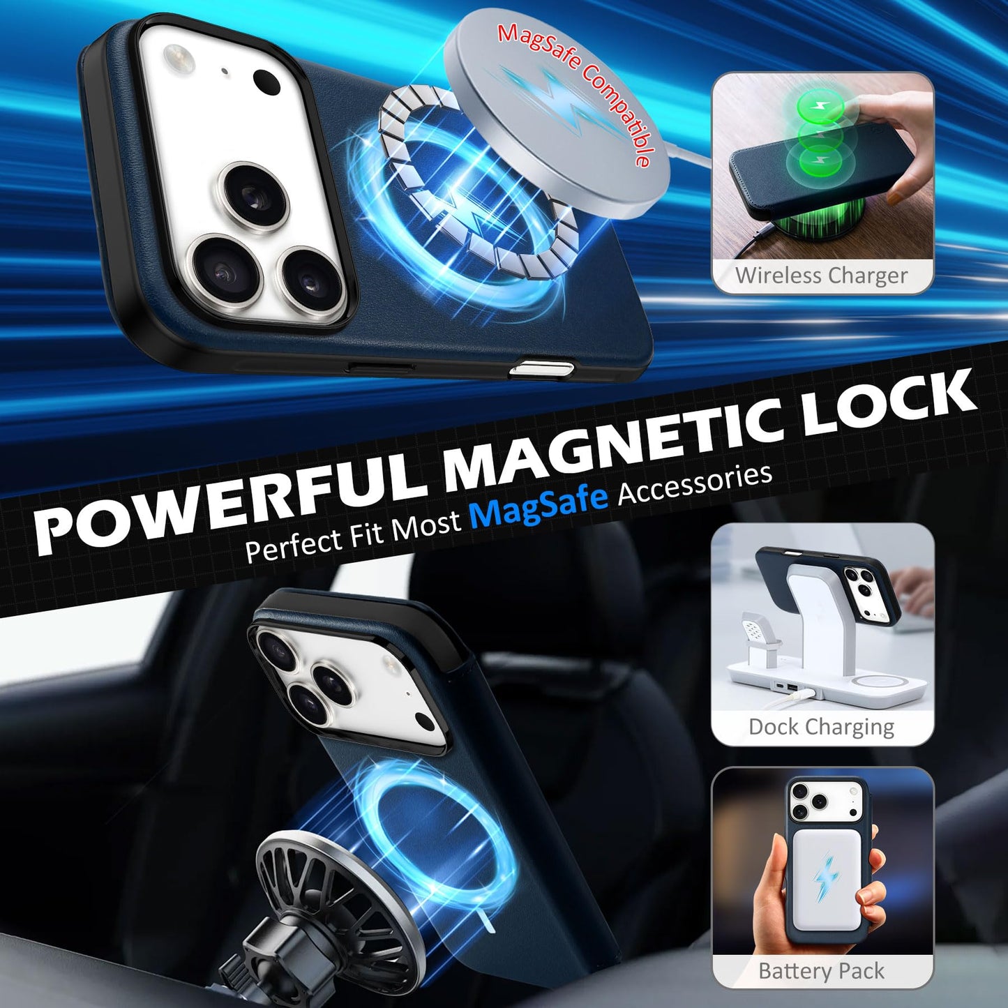 SHIELDON Genuine Leather Slim Wallet Case for iPhone 17 Pro Max 6.9 Inch 2025 | Flip | RFID Blocking Credit Card Slot | Magnetic Closure | Wireless Charging | Shock Absorbing Cover | Navy Blue