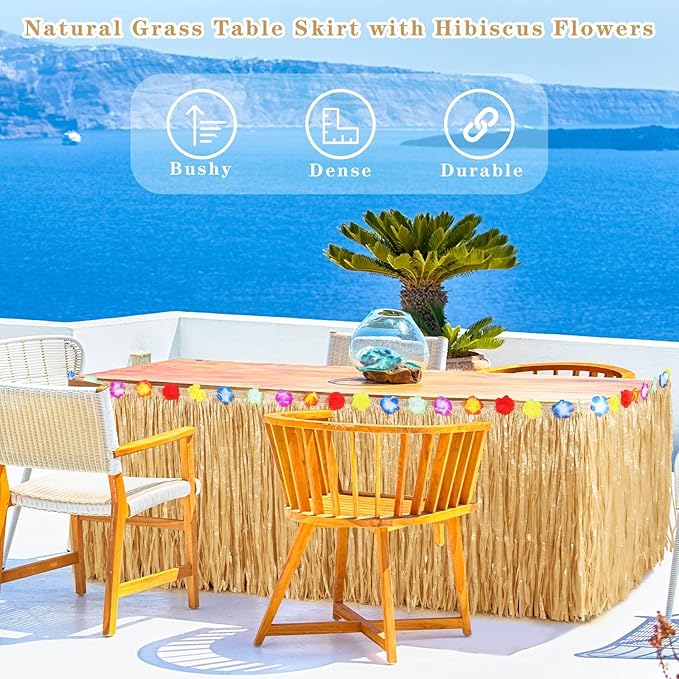 Aodaer 4 Pack Thickened Grass Table Skirt Natural with Hibiscus Flowers 400g Hawaiian Luau Tropical Party Decor Fringe Party Decoration for Costume Tiki Tropical Hawaii Moana Birthday, Straw Yellow