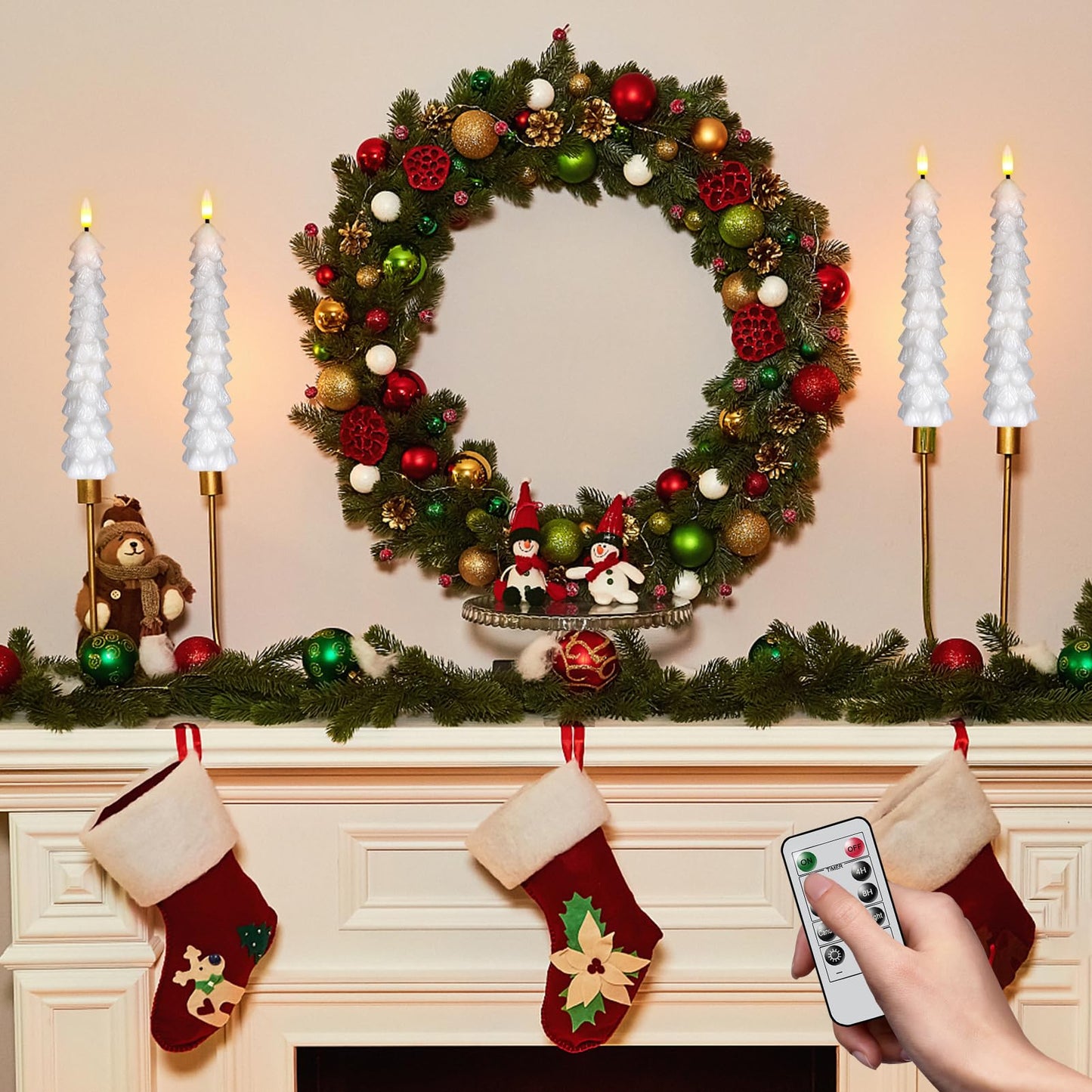 KunSwenn Christmas Tree Candles with Remote, White Christmas Tree Flameless Taper Candles Battery Operated, Real Wax Set of 4 LED Christmas Flameless Candlesticks for Xmas Winter Holiday Home Decor