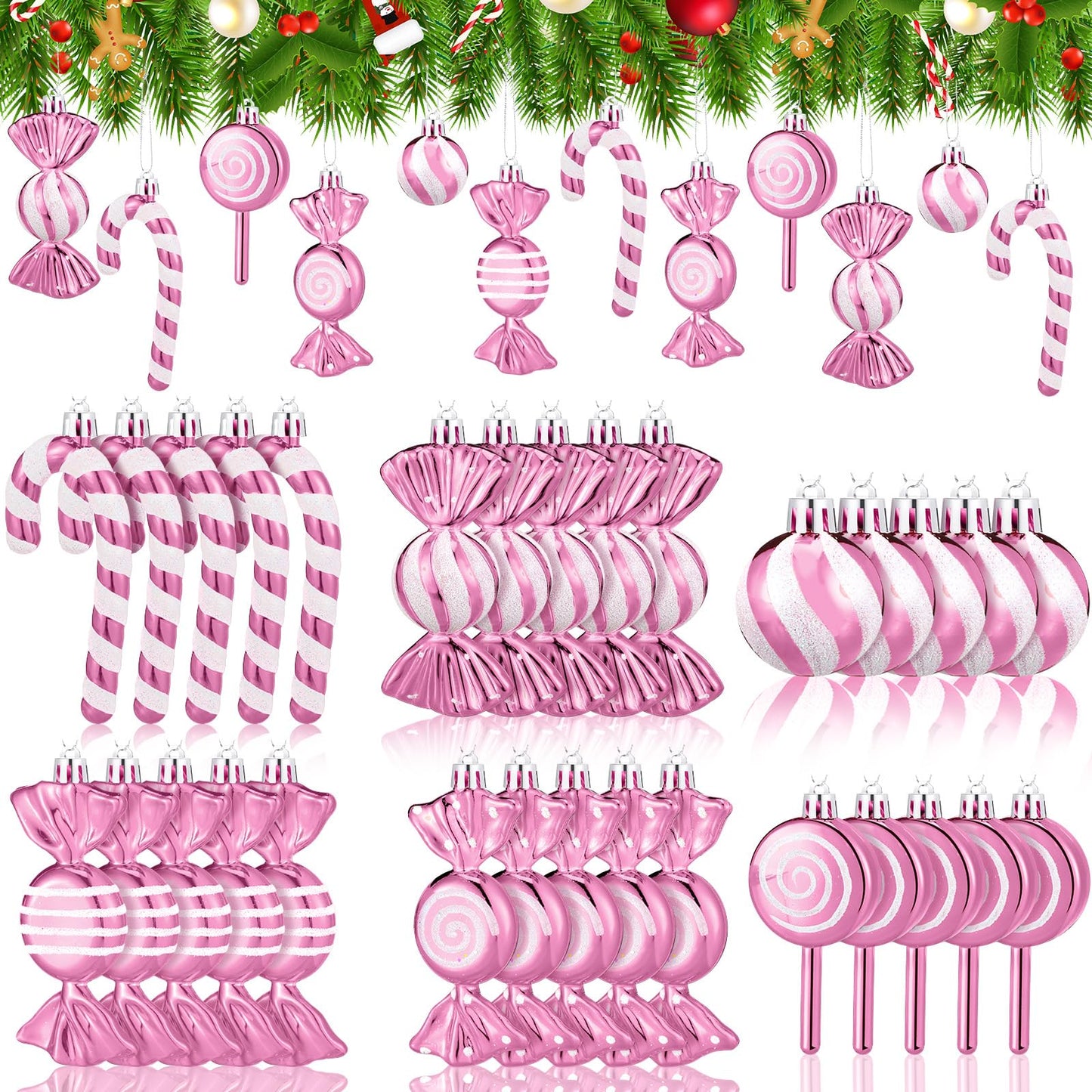Liliful 30 Pcs Christmas Candy Cane Lollipop Ornaments Set Plastic Holiday Peppermint Candy Home Hanging Ornament Lollipop with Rope for Xmas New Year Party Decor(Pink White)