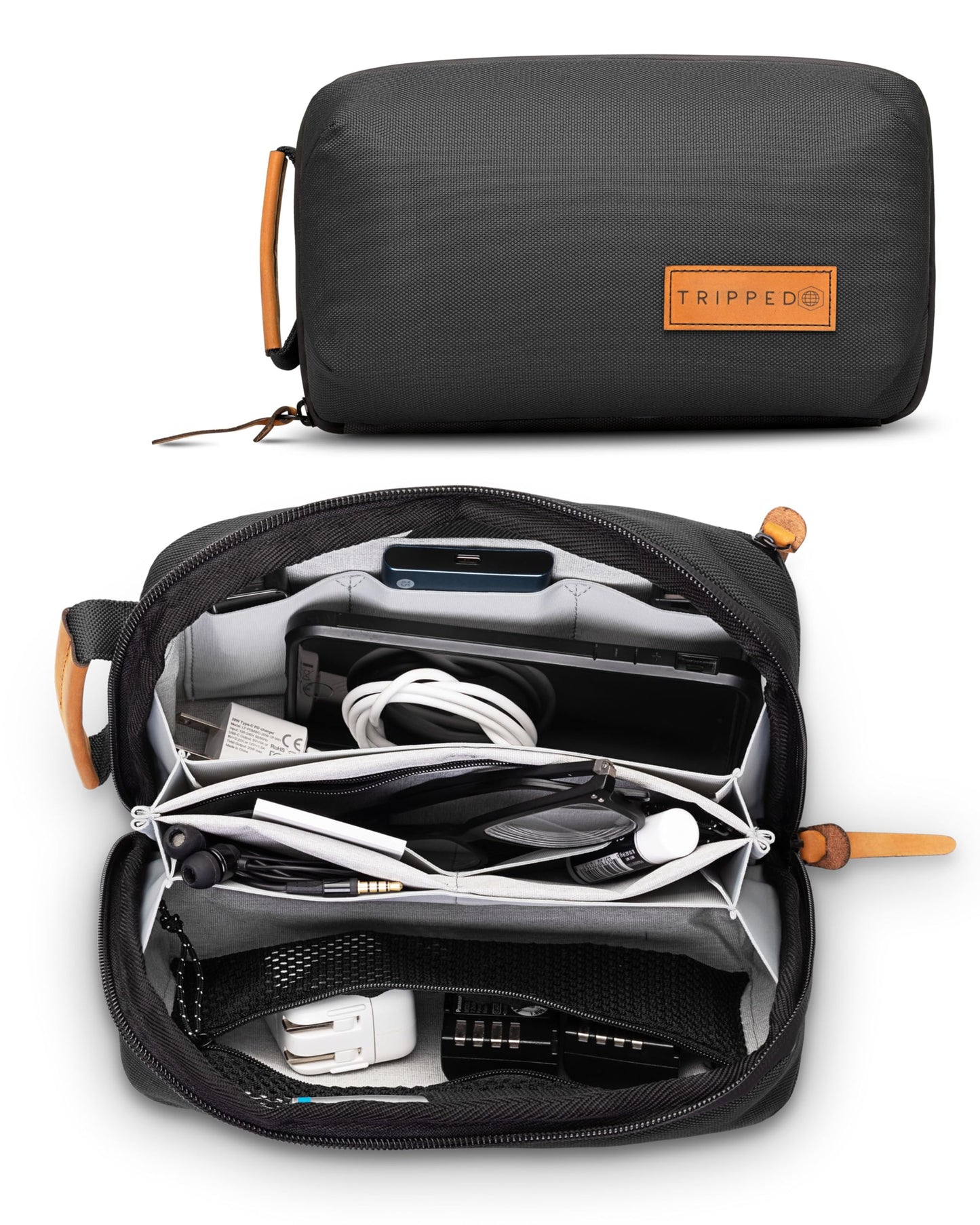 Tech Bag Organizer - Small Electronics Organizer Pouch for Travel - Premium Travel Case with Leather Accents - Mesh Pocket for Cables, Cords and Chargers (Black)